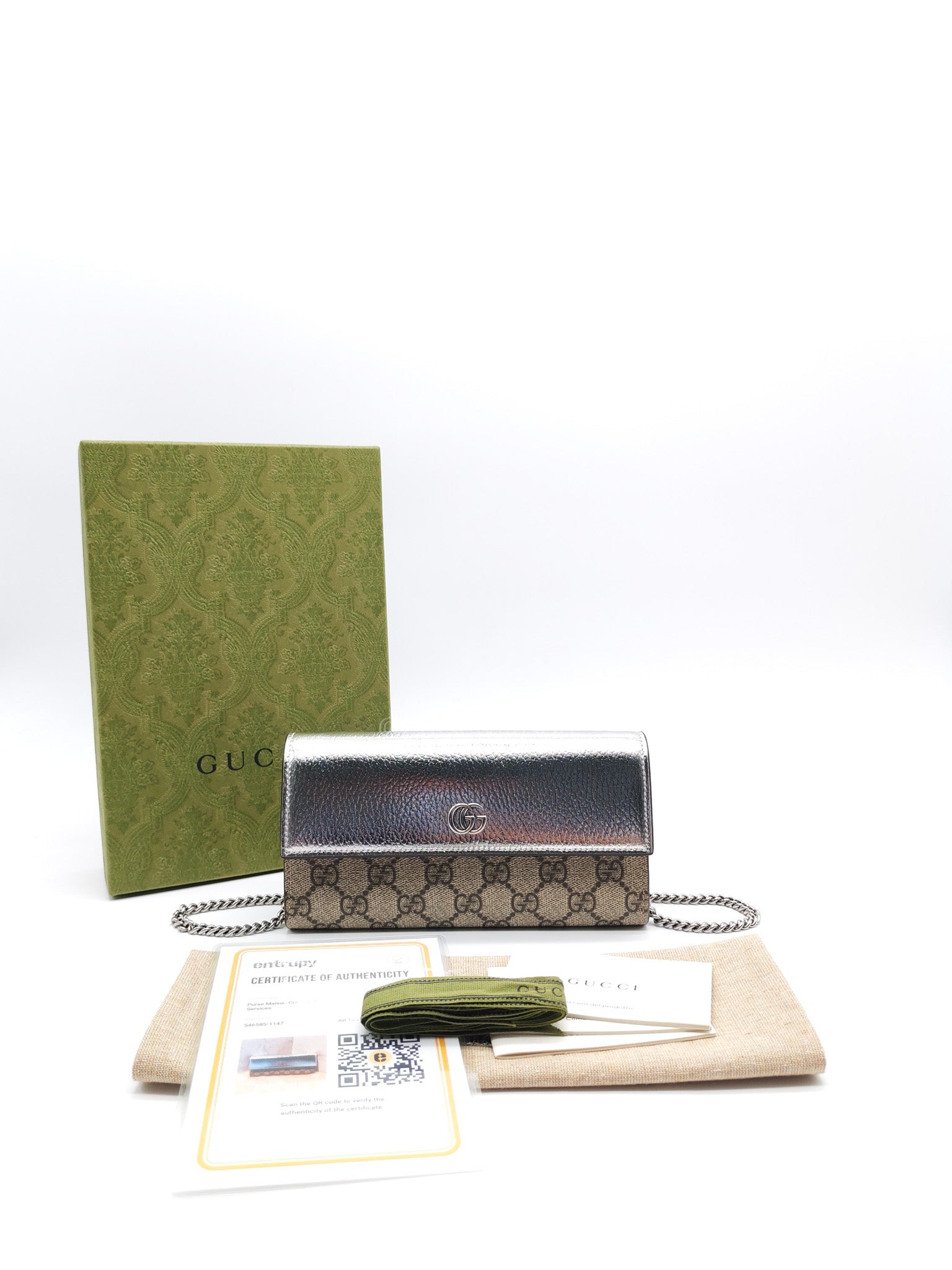 Gucci Supreme Continental Wallet On Chain in Metalic Silver Flap Crossbody Bag | Purse Maison Luxury Bags Shop