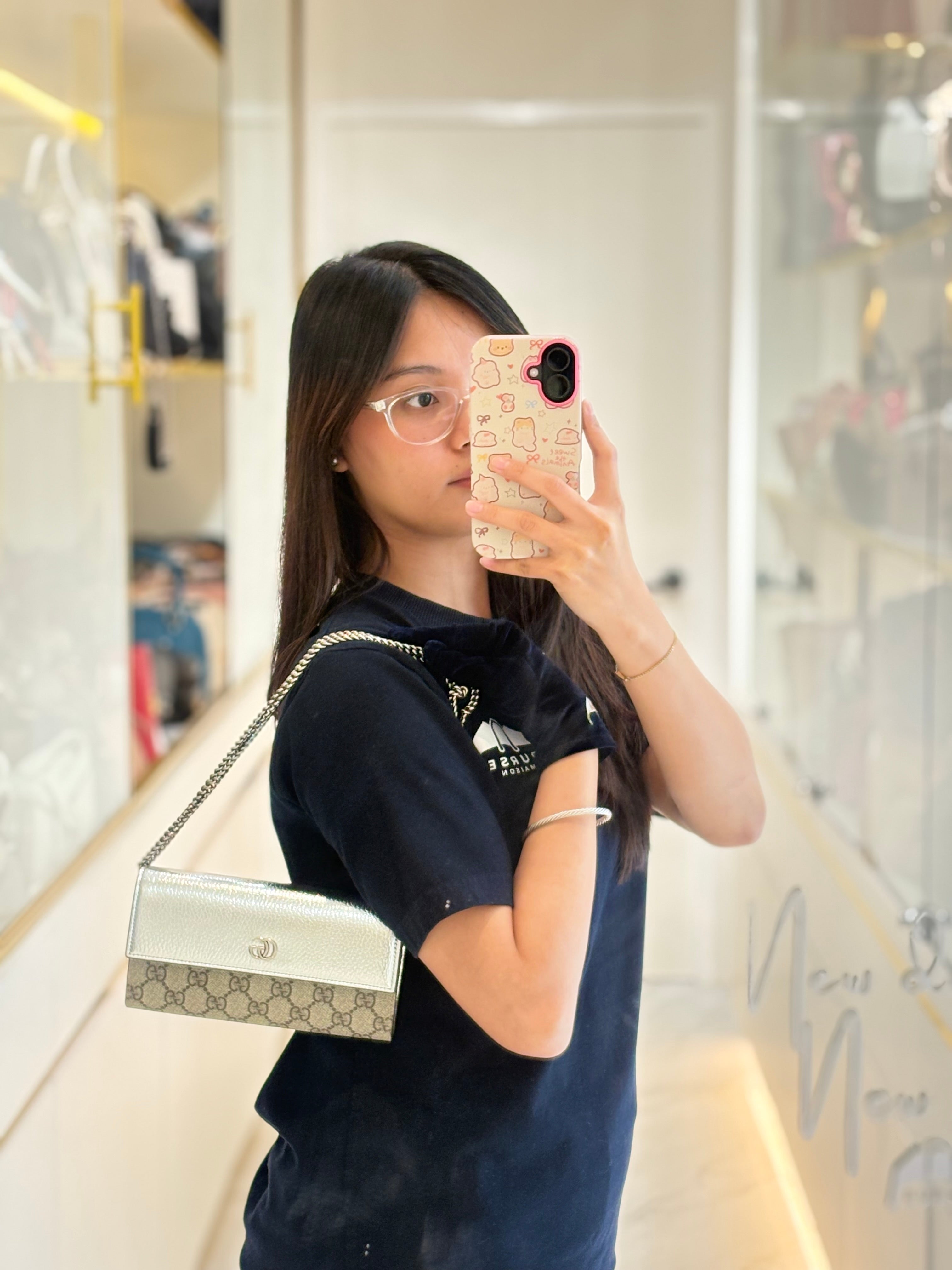Gucci Supreme Continental Wallet On Chain in Metalic Silver Flap Crossbody Bag | Purse Maison Luxury Bags Shop