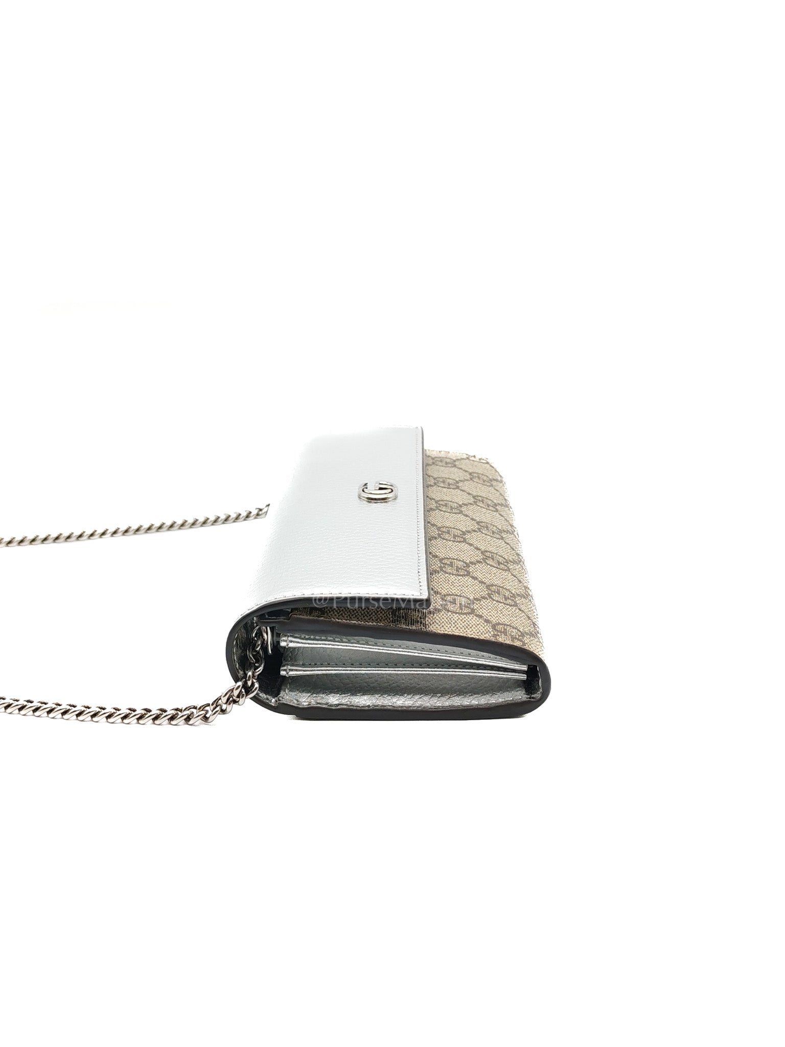 Gucci Supreme Continental Wallet On Chain in Metalic Silver Flap Crossbody Bag | Purse Maison Luxury Bags Shop