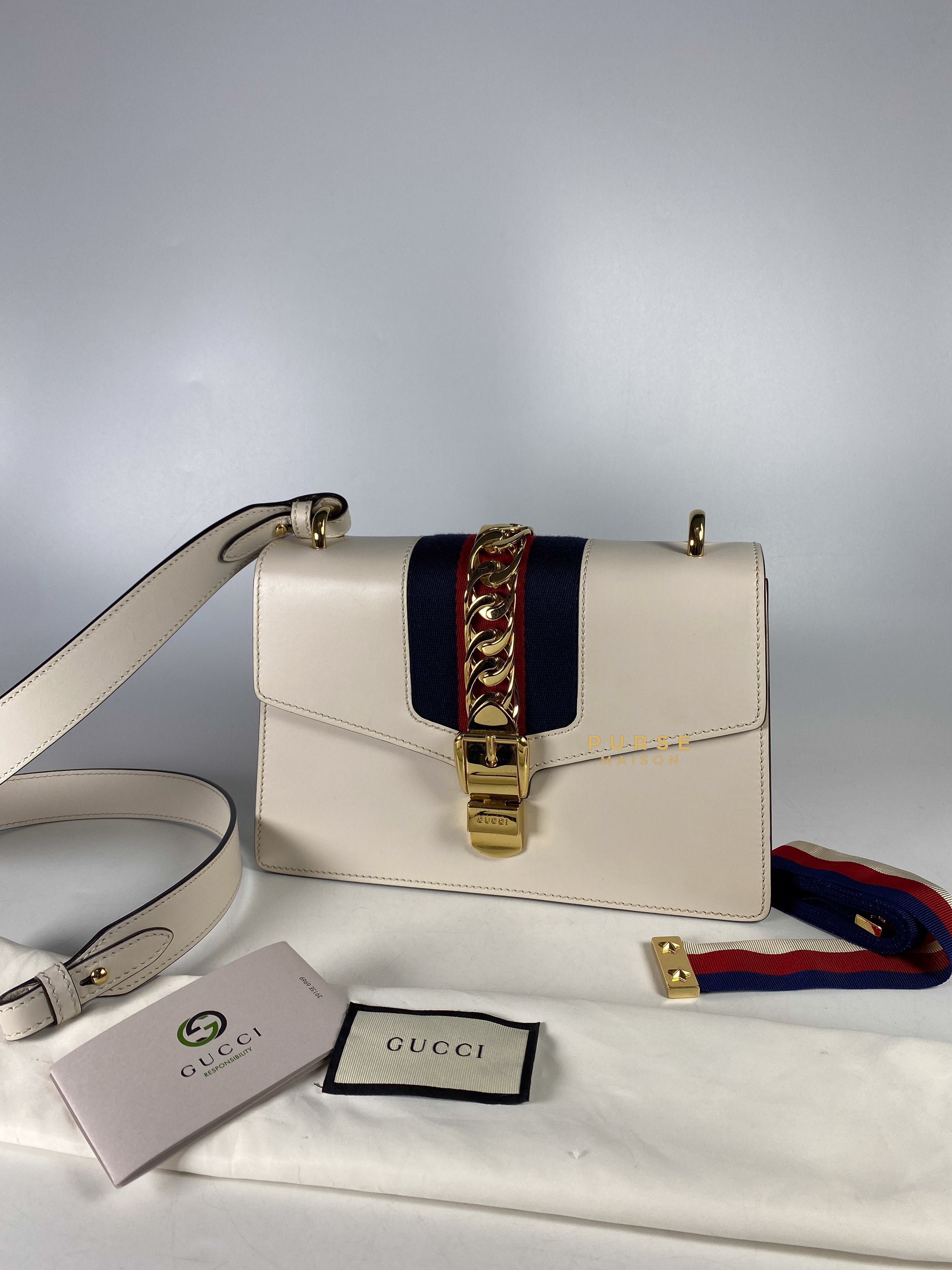 Gucci Sylvie Shoulder Bag in Off White Leather Purse