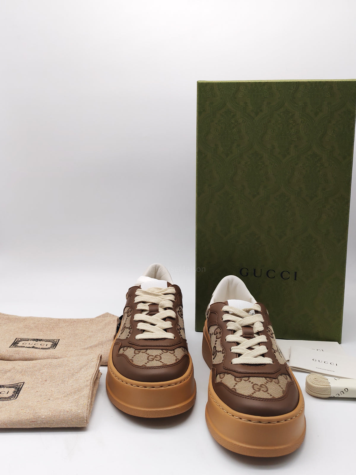 Gucci Women's GG Sneaker in Brown Leather and GG Supreme Canvas Size 35 EU (22.6 cm) | Purse Maison Luxury Bags Shop