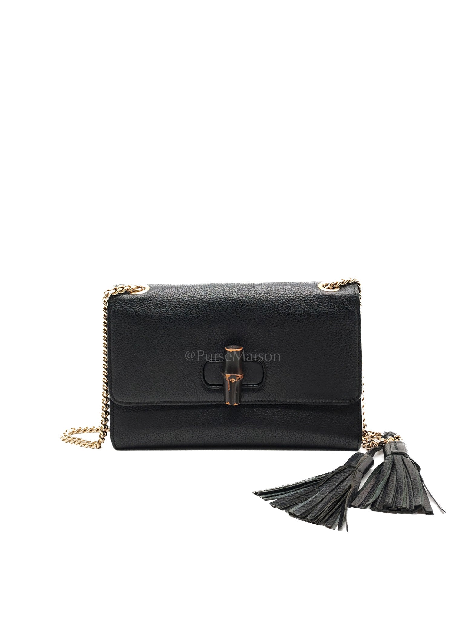 Gucci Miss Bamboo Shoulder Bag in Black Grained Leather
