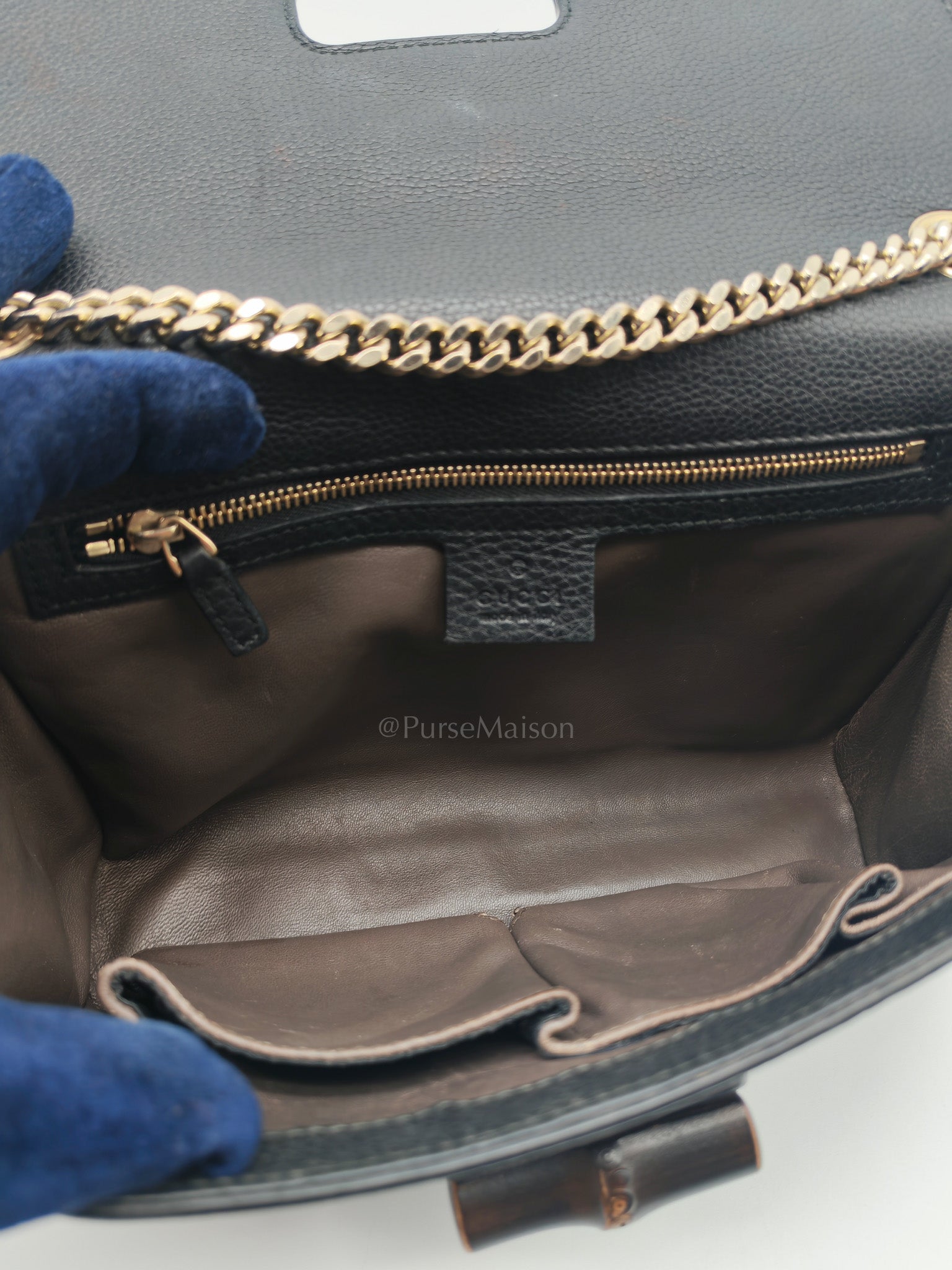 Gucci Miss Bamboo Shoulder Bag in Black Grained Leather