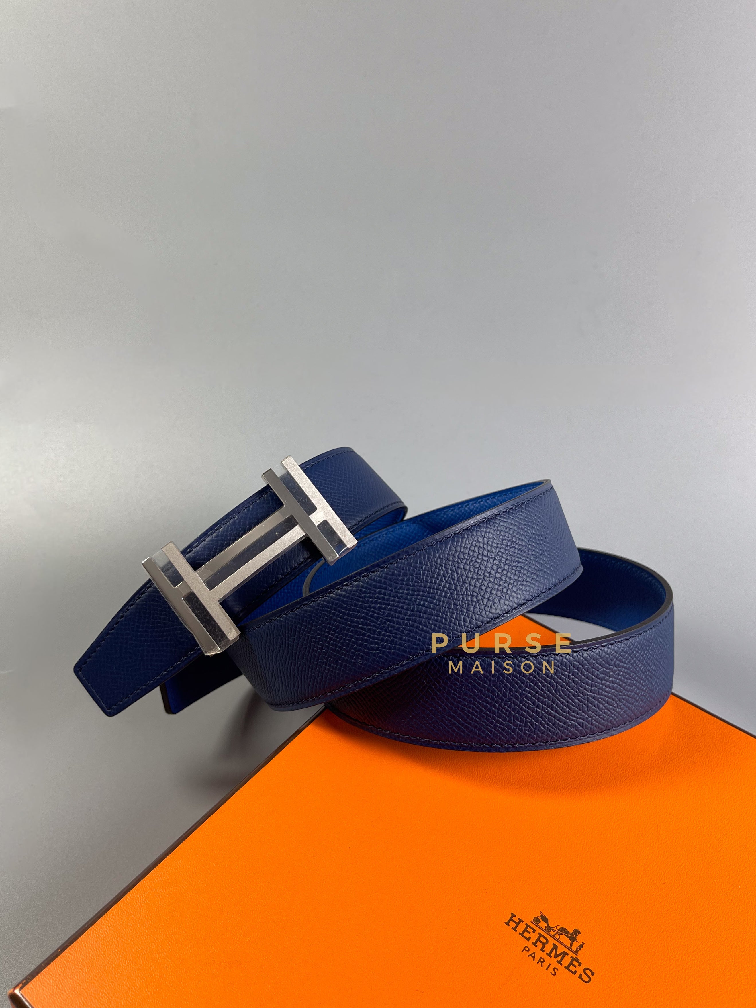 H Au Carre Reversible Belt (Navy Blue/Royal Blue) with Palladium Buckle Stamp B (90cm) | Purse Maison Luxury Bags Shop