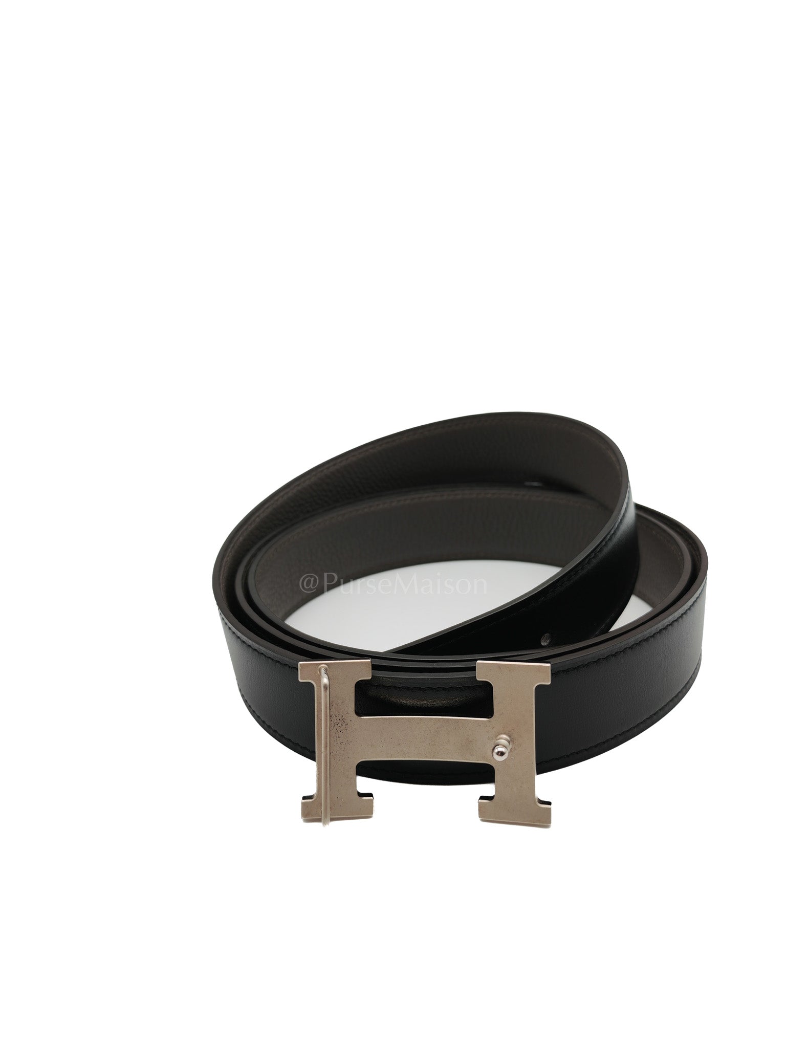 H Buckle Reversible Belt Black Swift & Togo Leather in Palladium Hardware Stamp A(2017) Size 120cm | Purse Maison Luxury Bags Shop