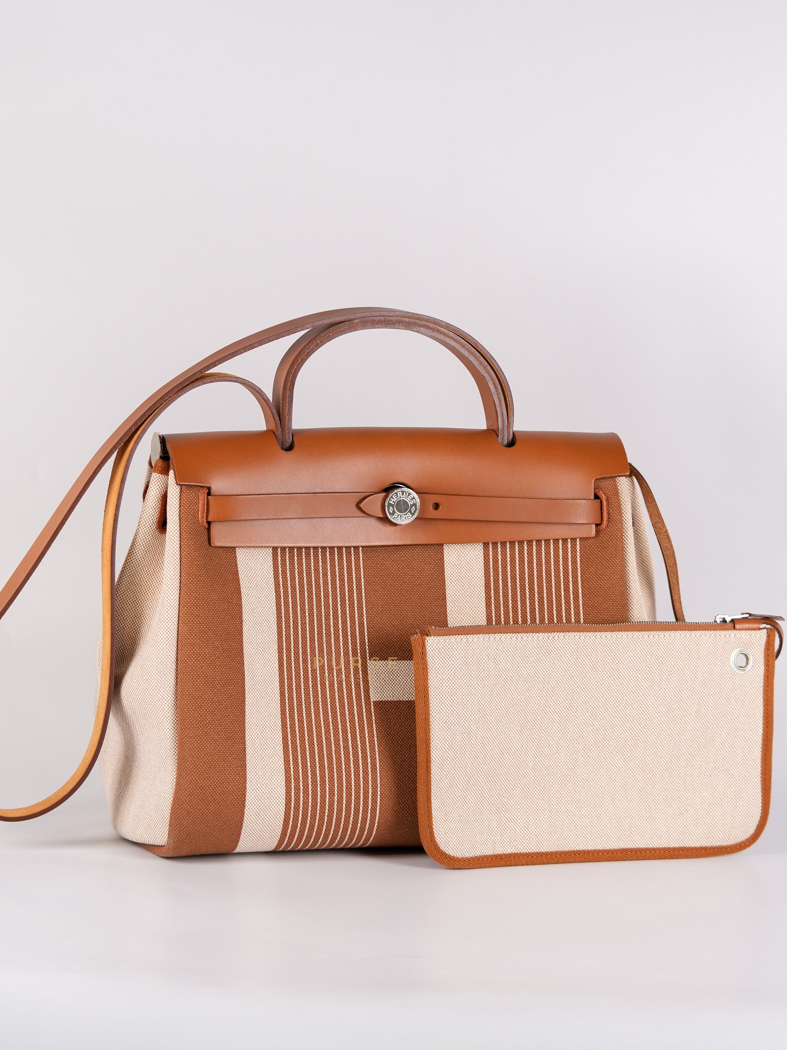 Herbag 31 in Fauve Ecru Beige Vache Hunter Toile H Vibration & Palladium Hardware Stamp U(2022) | Purse Maison Luxury Bags Shop