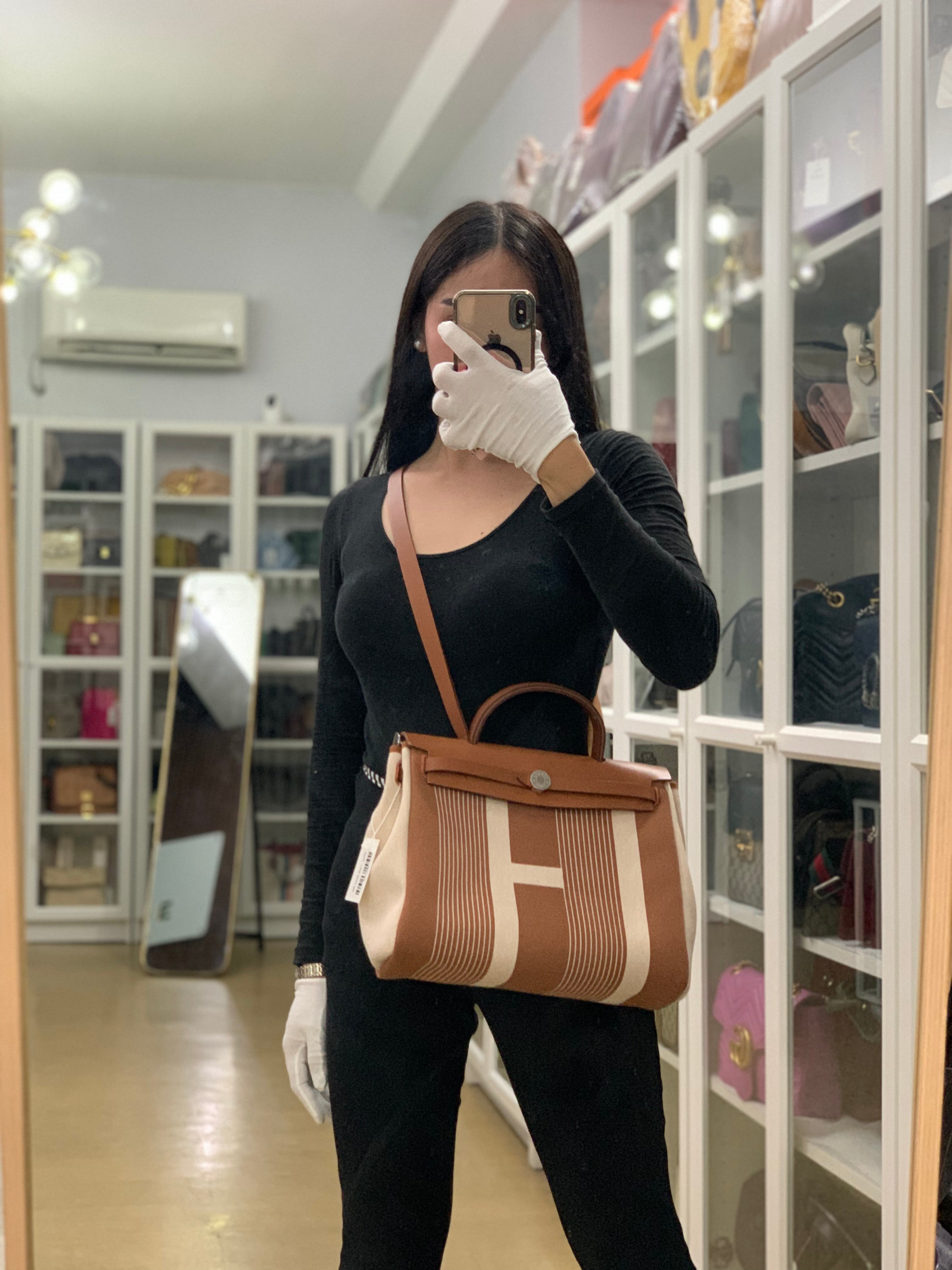 Herbag 31 in Fauve Ecru Beige Vache Hunter Toile H Vibration & Palladium Hardware Stamp U(2022) | Purse Maison Luxury Bags Shop