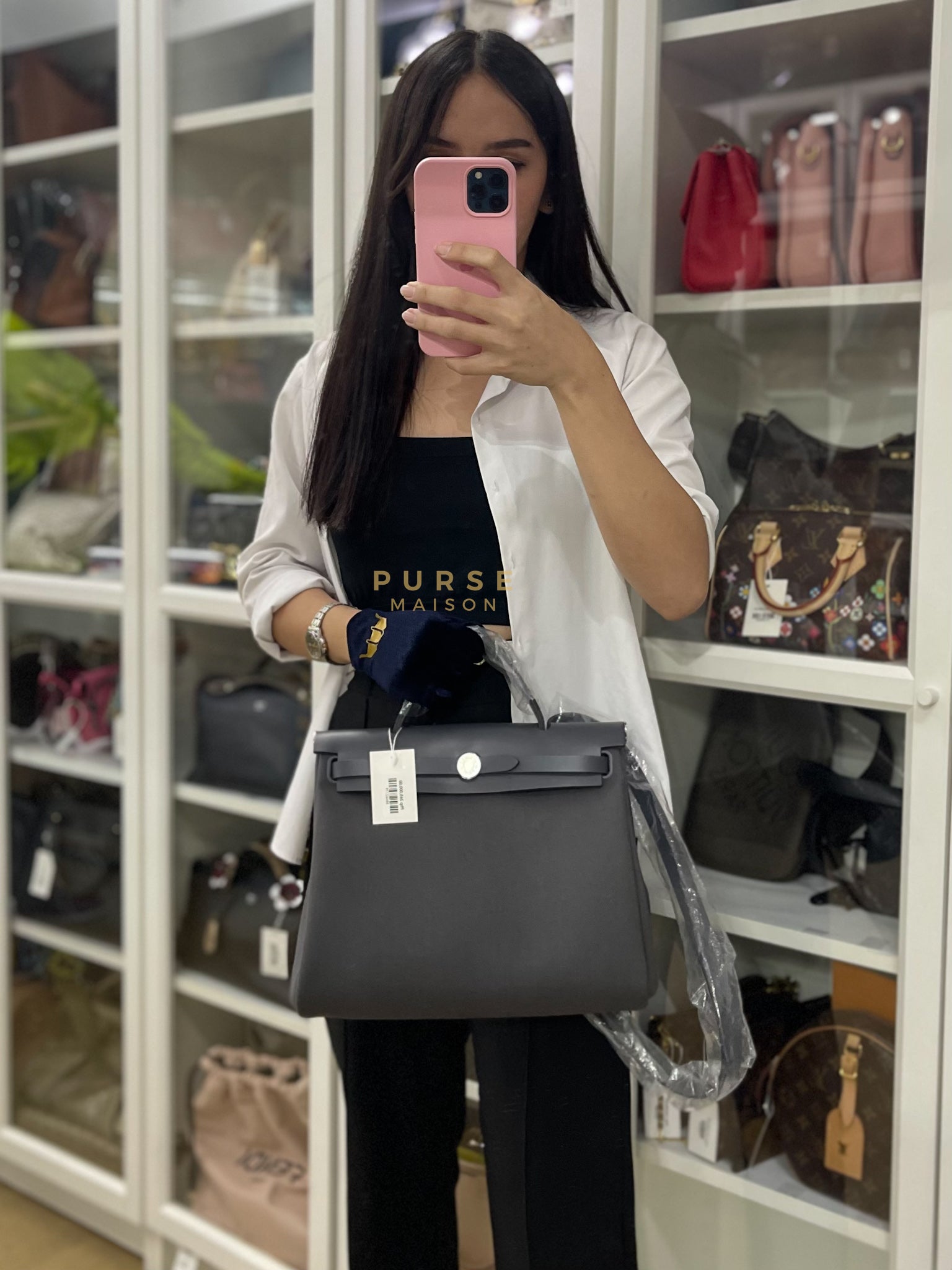 Herbag 31 in Gray Canvas and Palladium Hardware Stamp K (2025) | Purse Maison Luxury Bags Shop