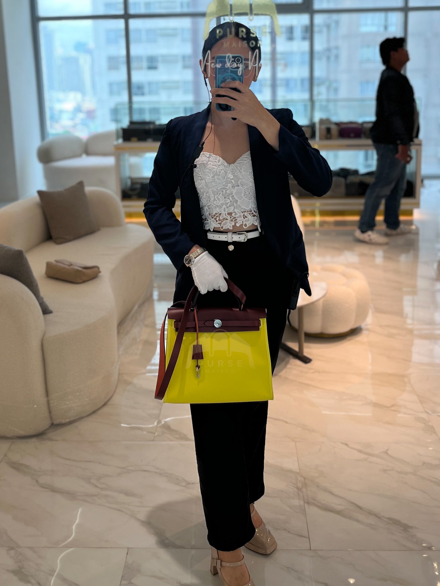 Herbag 31 in Yellow Green Leather & Palladium Hardware Stamp A (2017) | Purse Maison Luxury Bags Shop