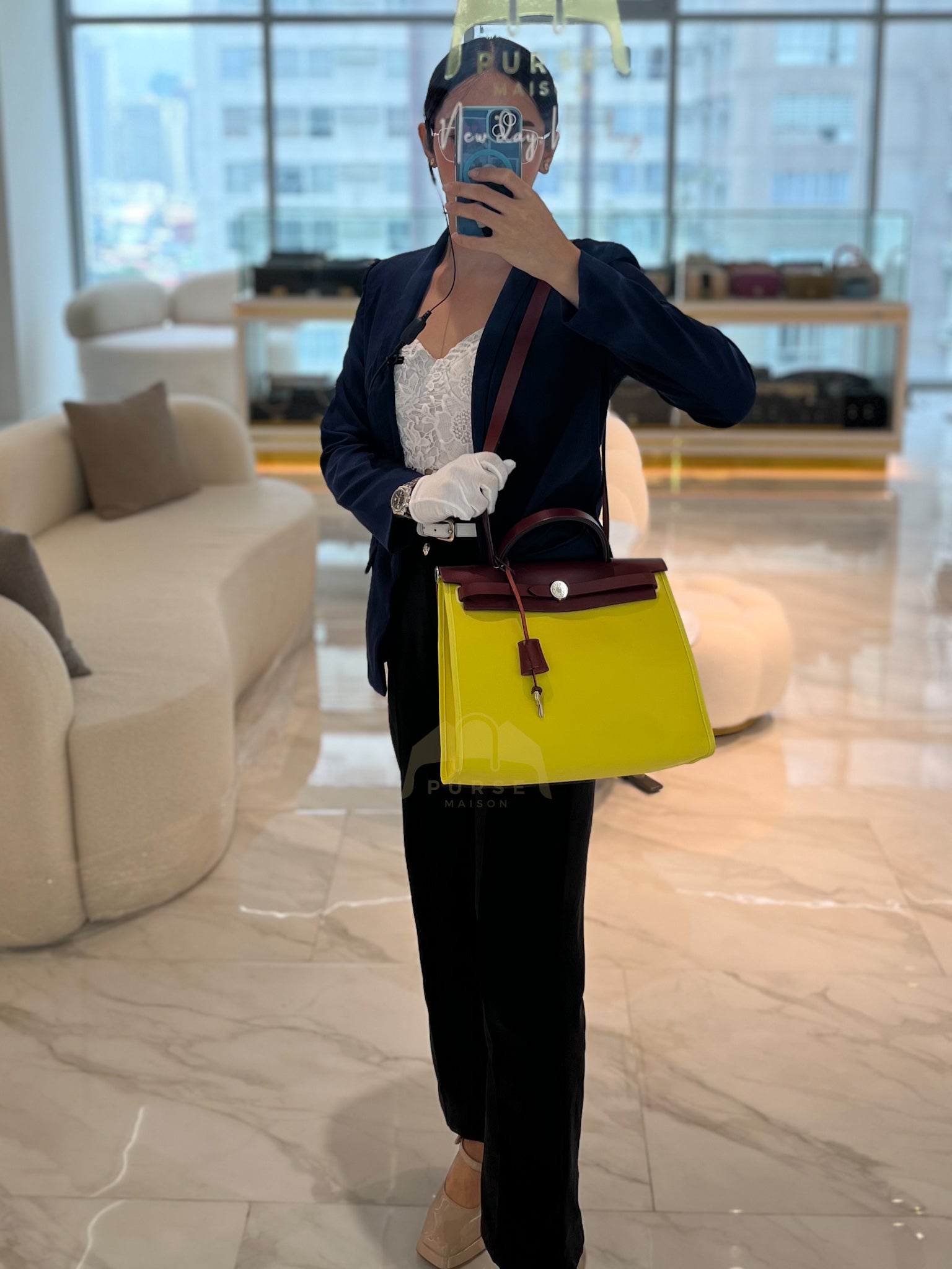 Herbag 31 in Yellow Green Leather & Palladium Hardware Stamp A (2017) | Purse Maison Luxury Bags Shop