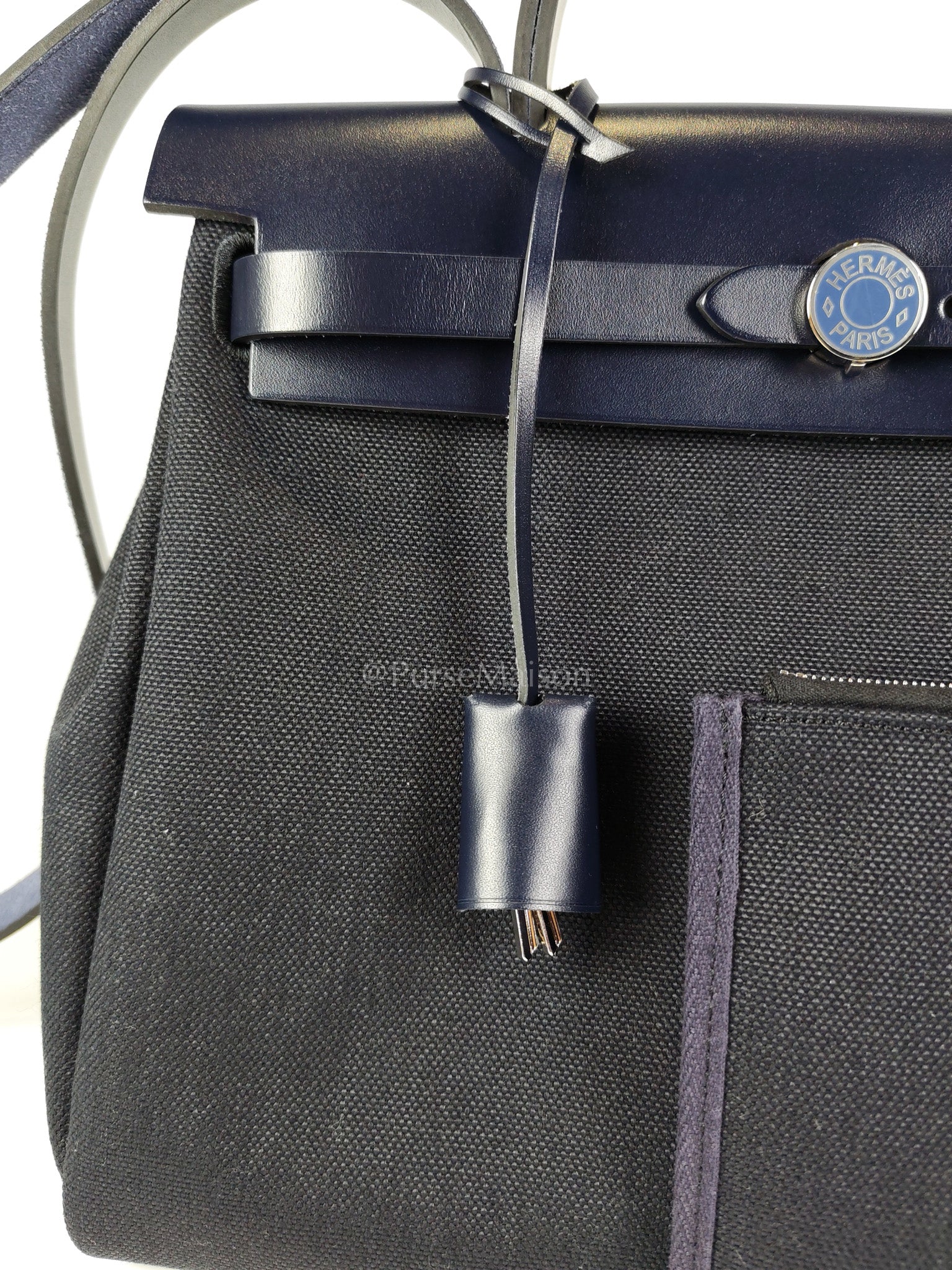 Herbag 31 Military Canvas/Hunter Cowhide in Black/Blue Indigo and Palladium Hardware Stamp B (2023) | Purse Maison Luxury Bags Shop