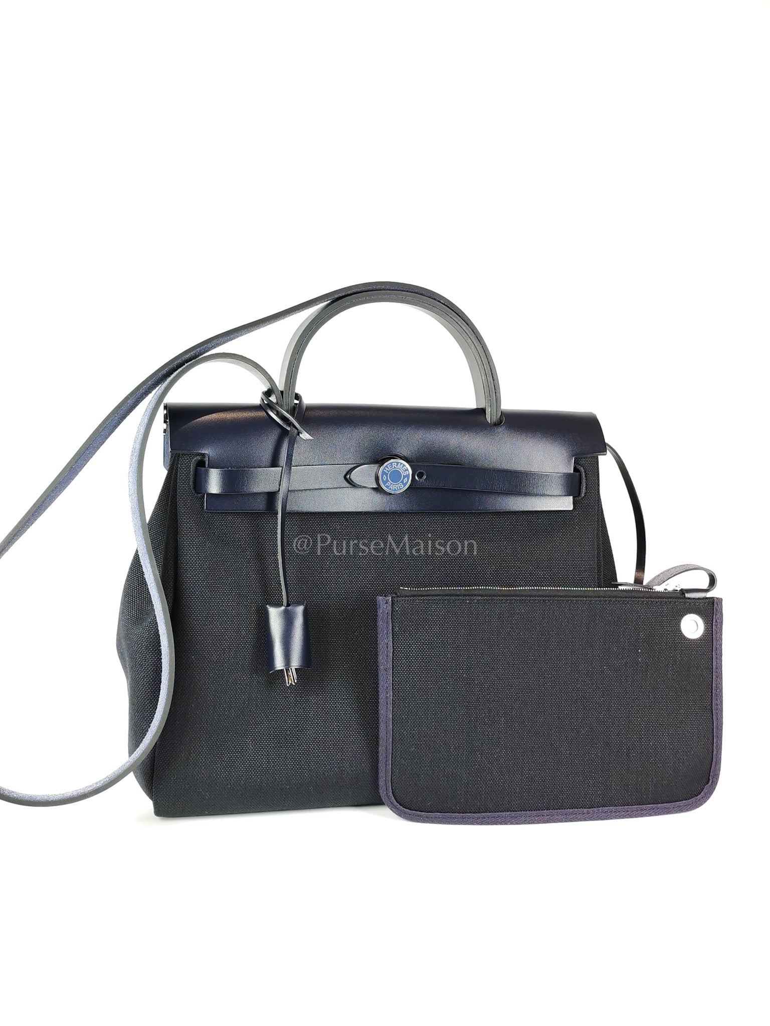 Herbag 31 Military Canvas/Hunter Cowhide in Black/Blue Indigo and Palladium Hardware Stamp B (2023) | Purse Maison Luxury Bags Shop