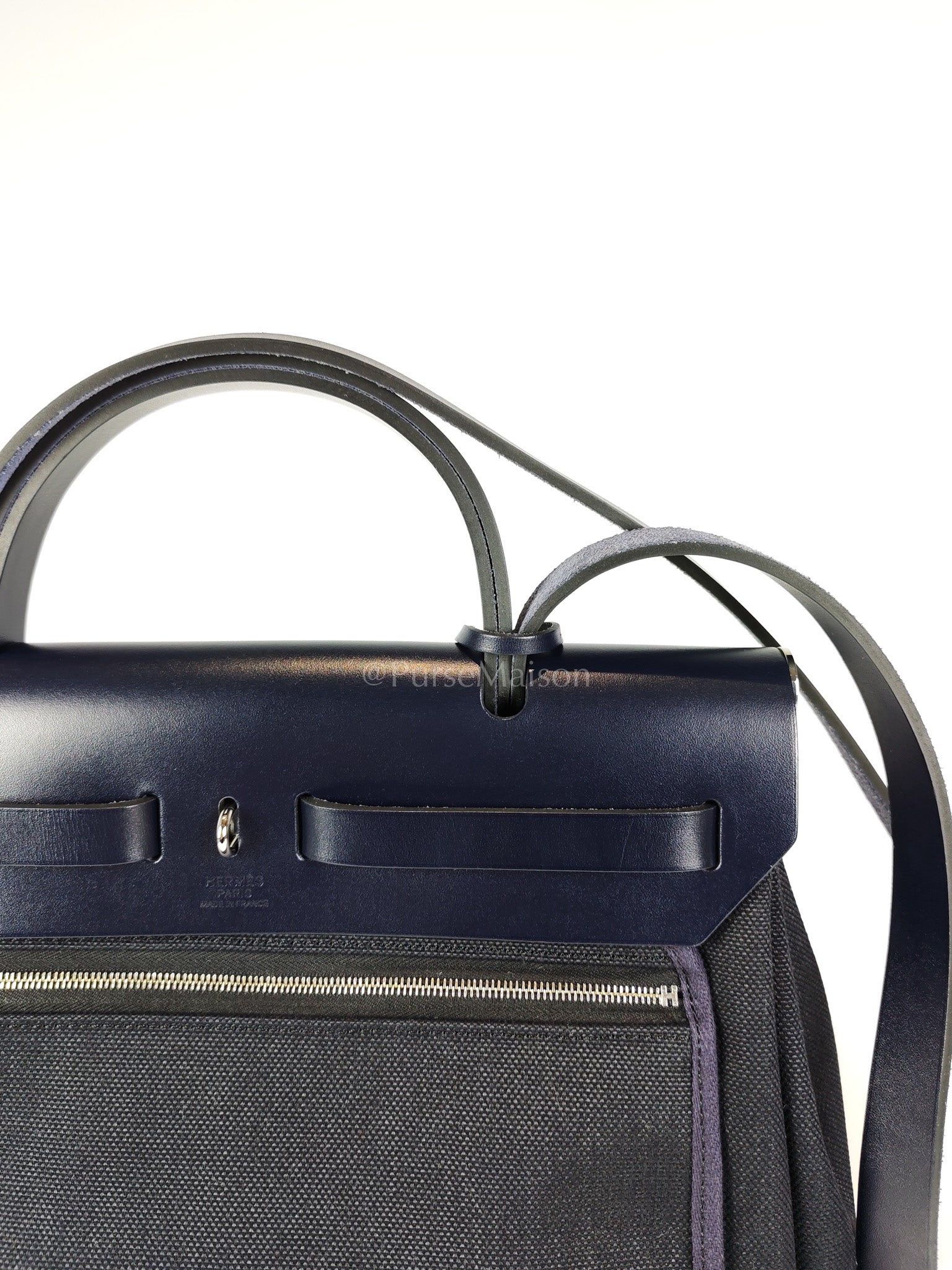 Herbag 31 Military Canvas/Hunter Cowhide in Black/Blue Indigo and Palladium Hardware Stamp B (2023) | Purse Maison Luxury Bags Shop