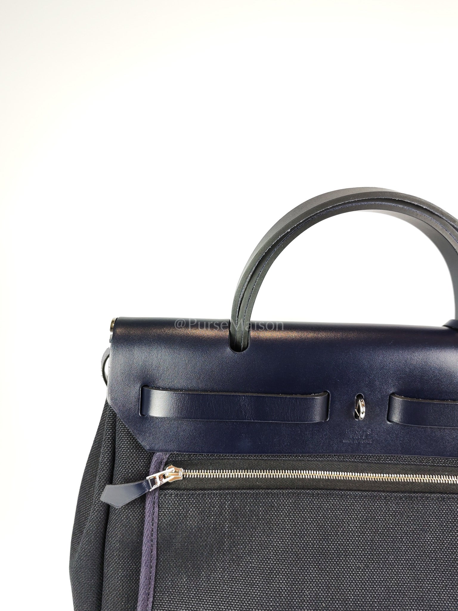 Herbag 31 Military Canvas/Hunter Cowhide in Black/Blue Indigo and Palladium Hardware Stamp B (2023) | Purse Maison Luxury Bags Shop