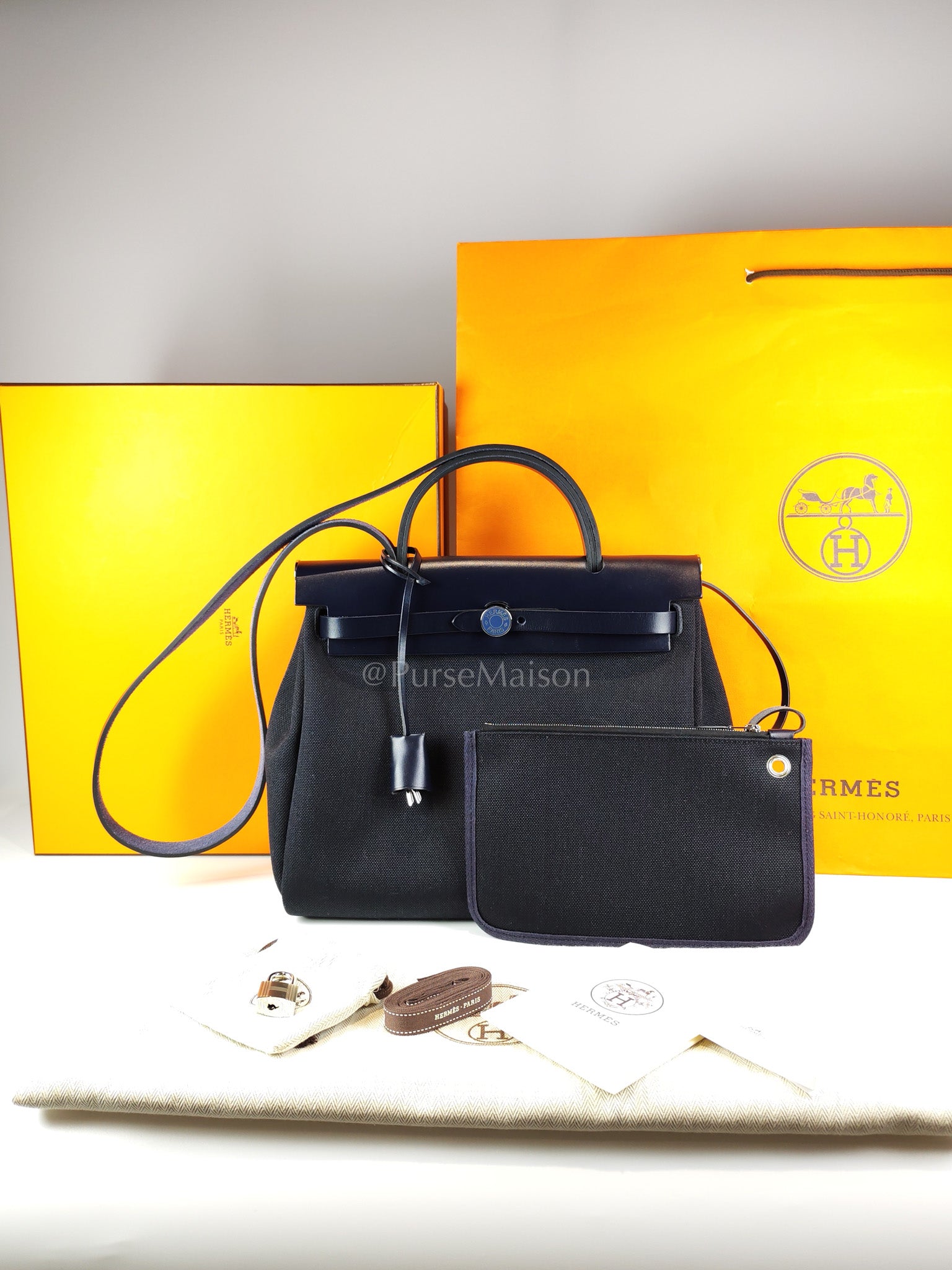 Herbag 31 Military Canvas/Hunter Cowhide in Black/Blue Indigo and Palladium Hardware Stamp B (2023) | Purse Maison Luxury Bags Shop