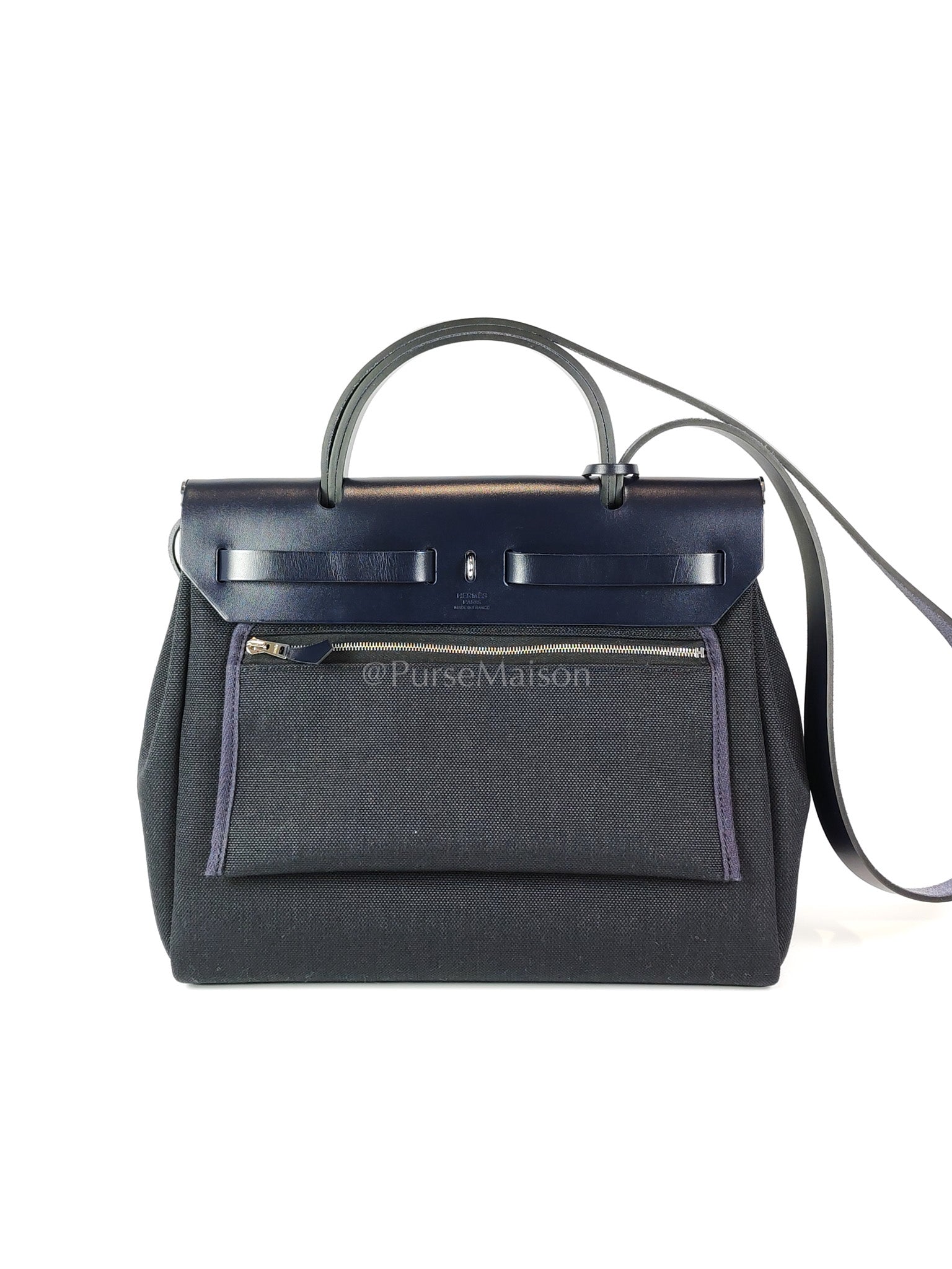 Herbag 31 Military Canvas/Hunter Cowhide in Black/Blue Indigo and Palladium Hardware Stamp B (2023) | Purse Maison Luxury Bags Shop