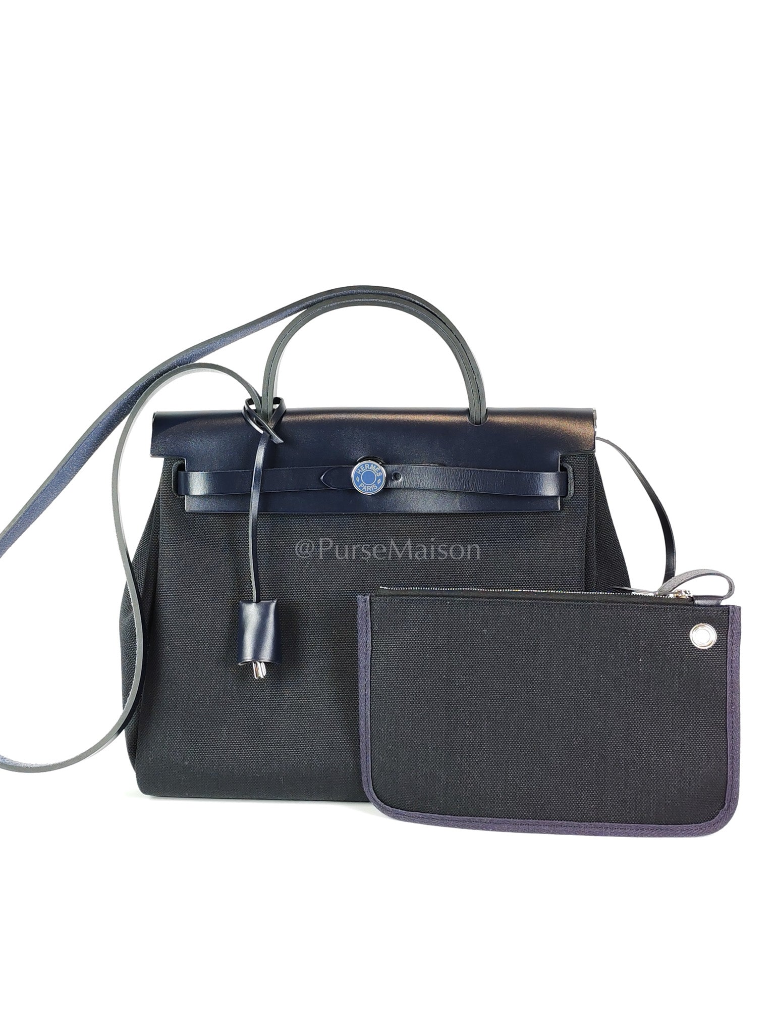 Herbag 31 Military Canvas/Hunter Cowhide in Black/Blue Indigo and Palladium Hardware Stamp B (2023) | Purse Maison Luxury Bags Shop