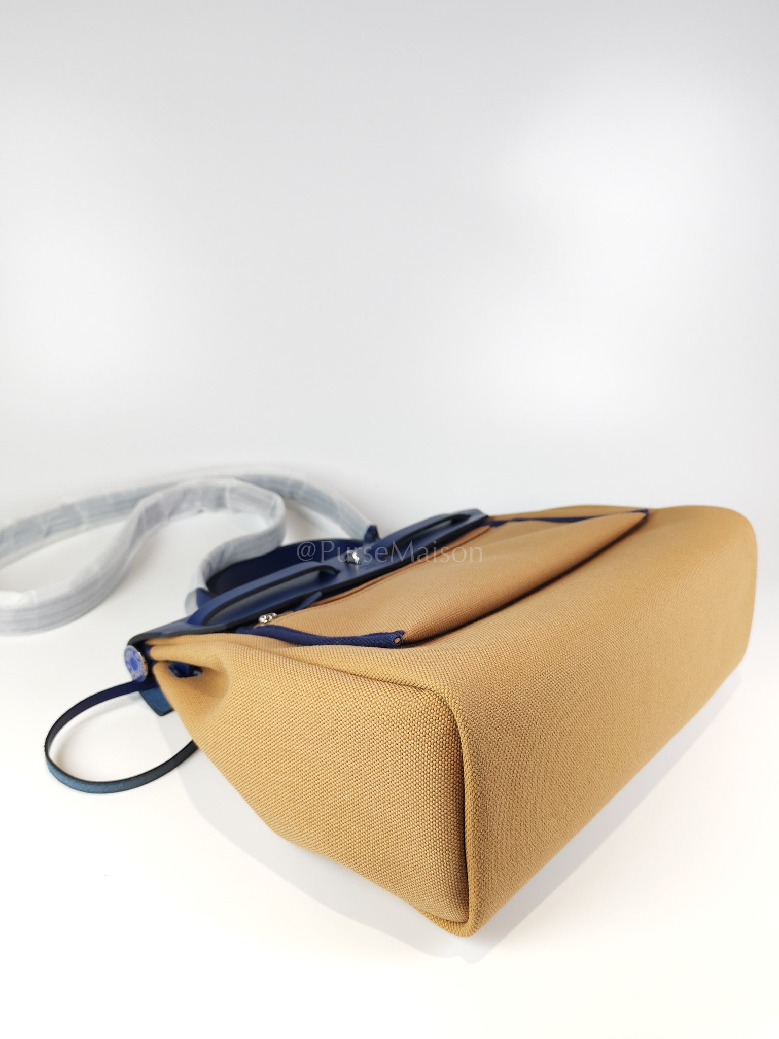 Herbag 31 Retourne in Blue Saphire Leather and Beige Canvas Stamp U (2022) | Purse Maison Luxury Bags Shop