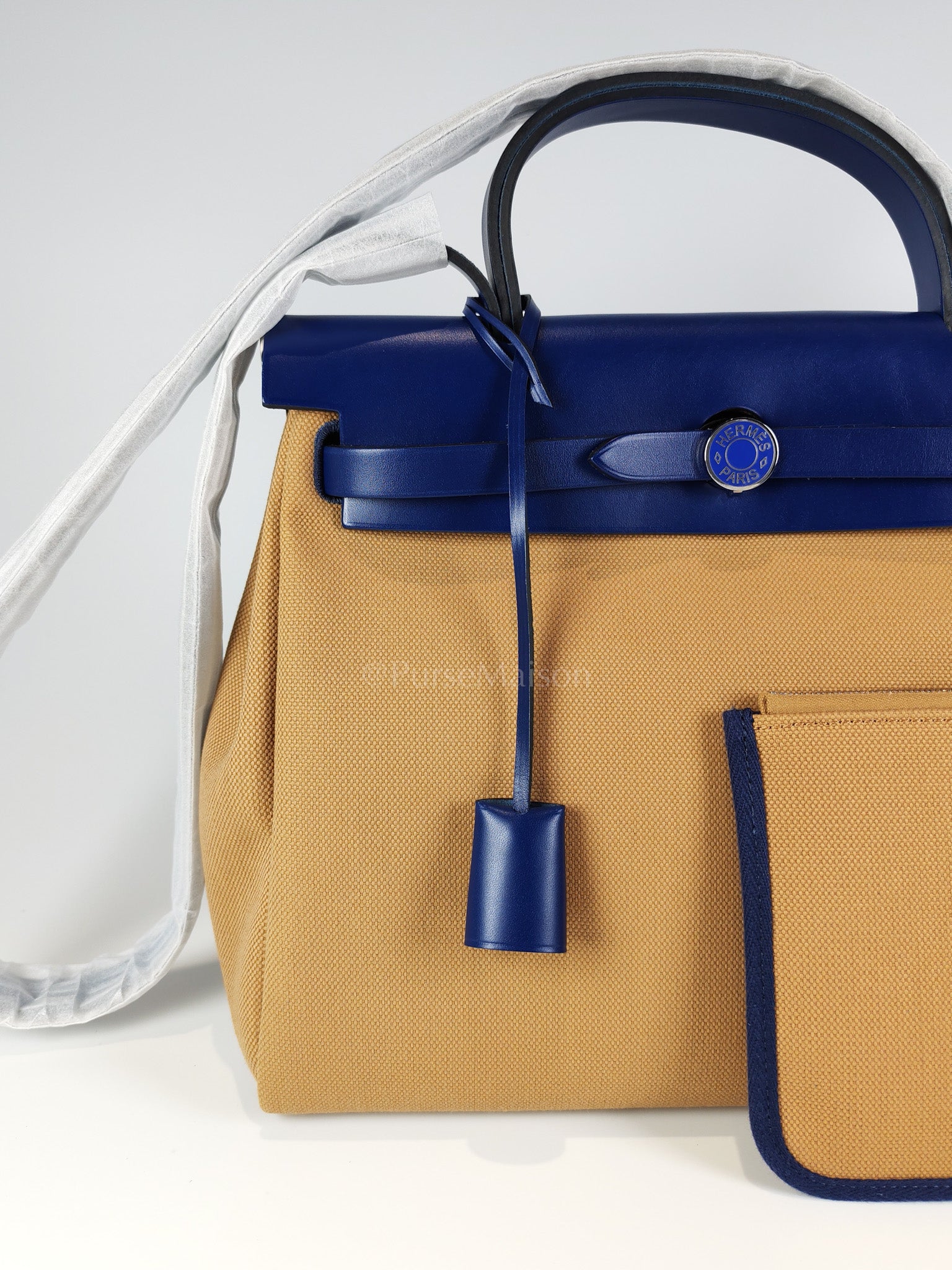 Herbag 31 Retourne in Blue Saphire Leather and Beige Canvas Stamp U (2022) | Purse Maison Luxury Bags Shop