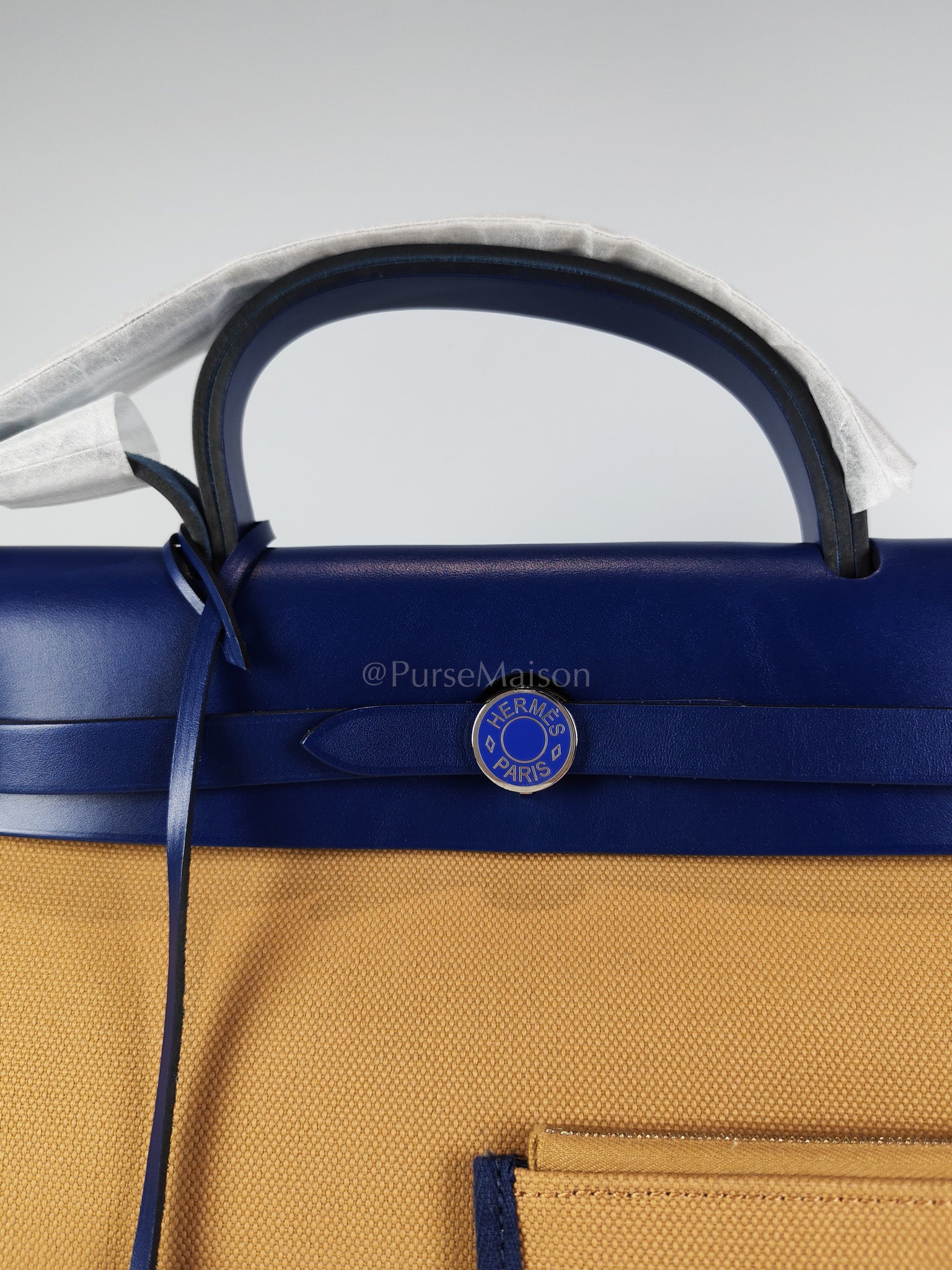 Herbag 31 Retourne in Blue Saphire Leather and Beige Canvas Stamp U (2022) | Purse Maison Luxury Bags Shop