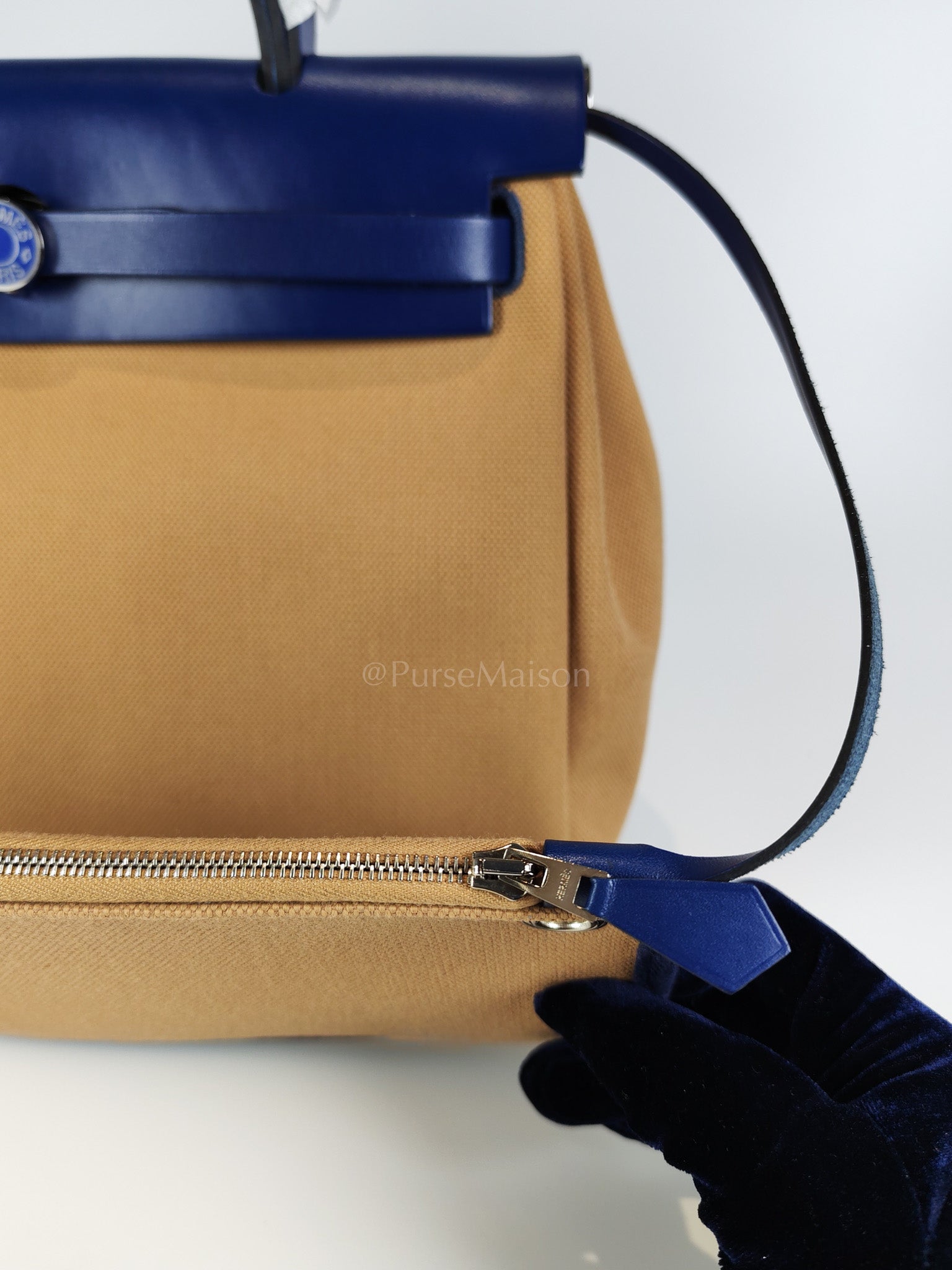 Herbag 31 Retourne in Blue Saphire Leather and Beige Canvas Stamp U (2022) | Purse Maison Luxury Bags Shop