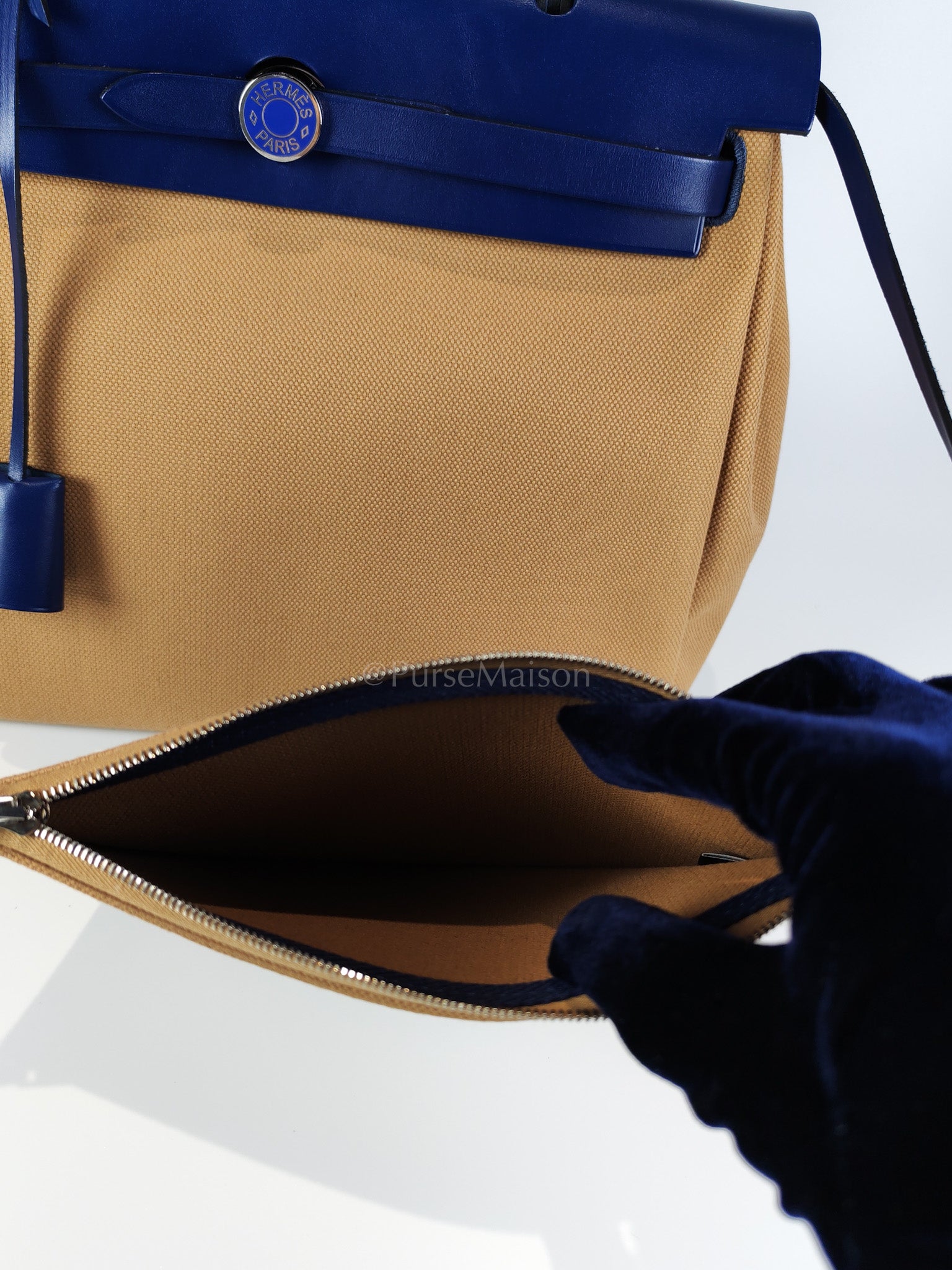 Herbag 31 Retourne in Blue Saphire Leather and Beige Canvas Stamp U (2022) | Purse Maison Luxury Bags Shop