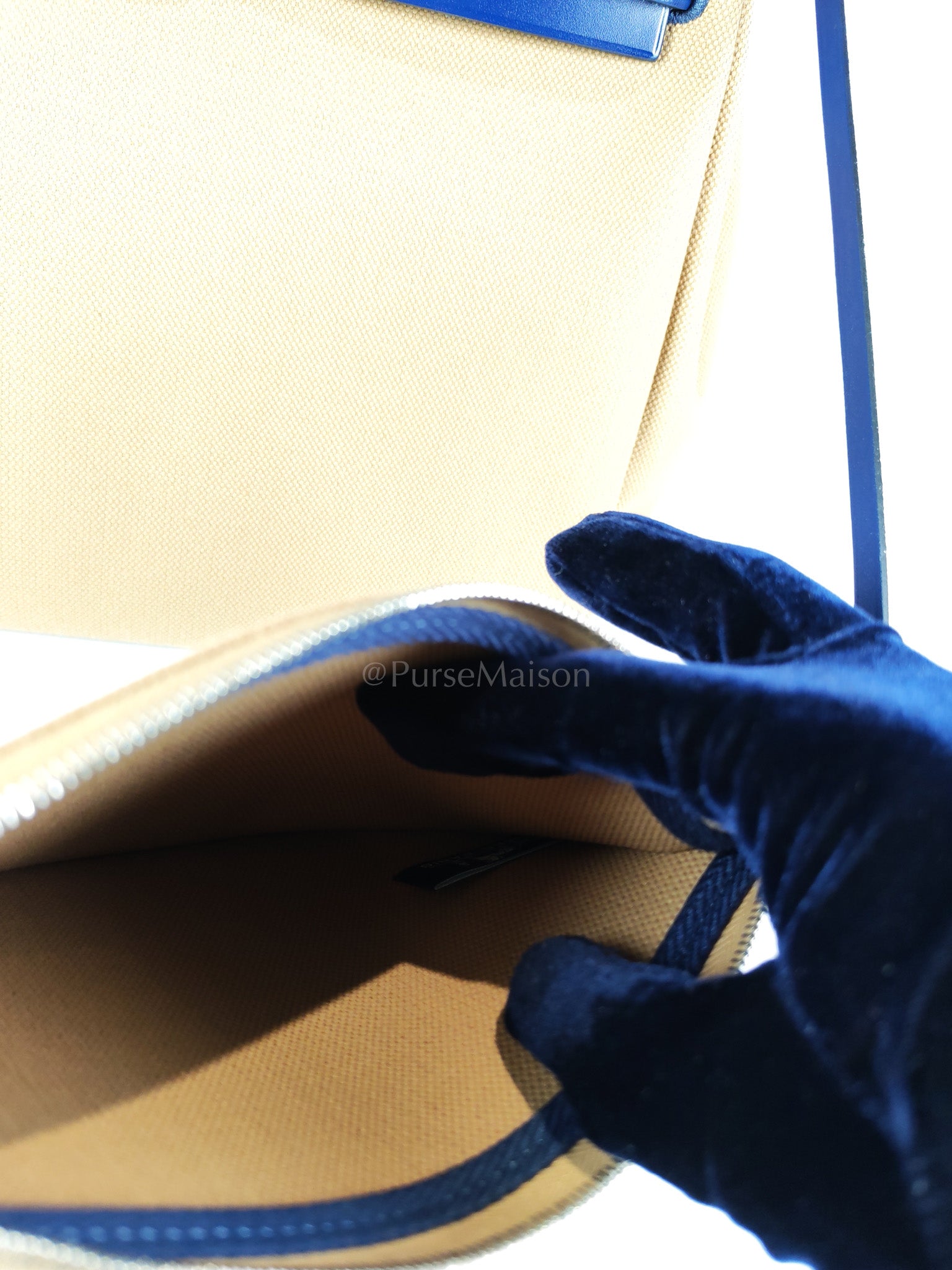 Herbag 31 Retourne in Blue Saphire Leather and Beige Canvas Stamp U (2022) | Purse Maison Luxury Bags Shop