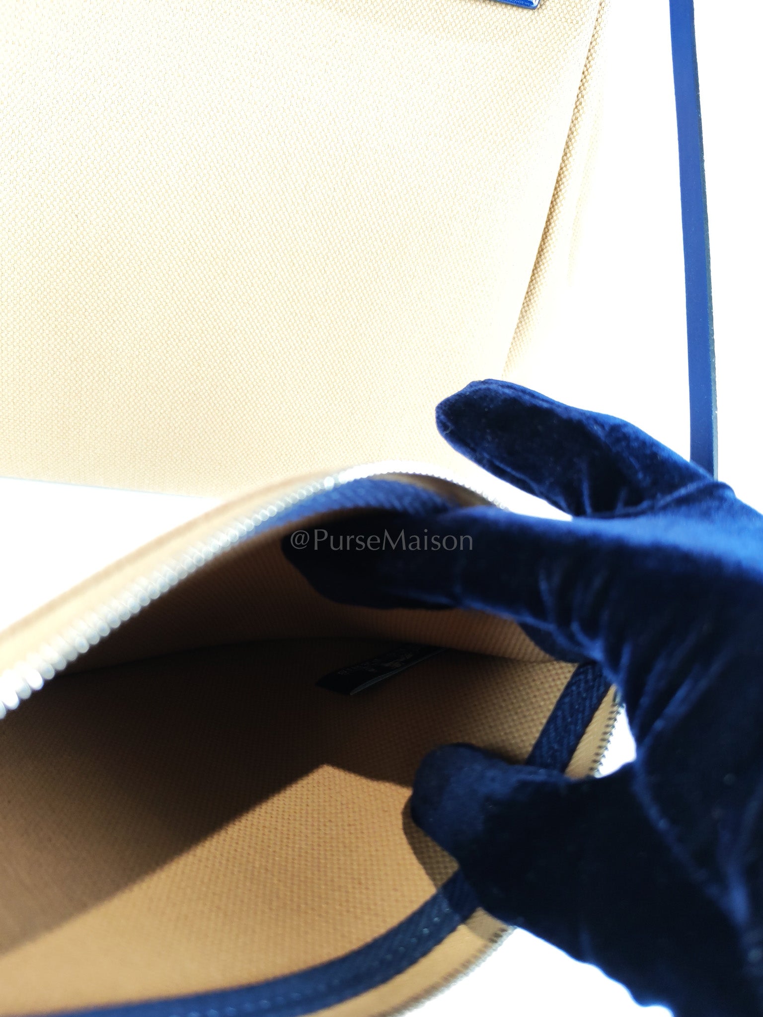 Herbag 31 Retourne in Blue Saphire Leather and Beige Canvas Stamp U (2022) | Purse Maison Luxury Bags Shop