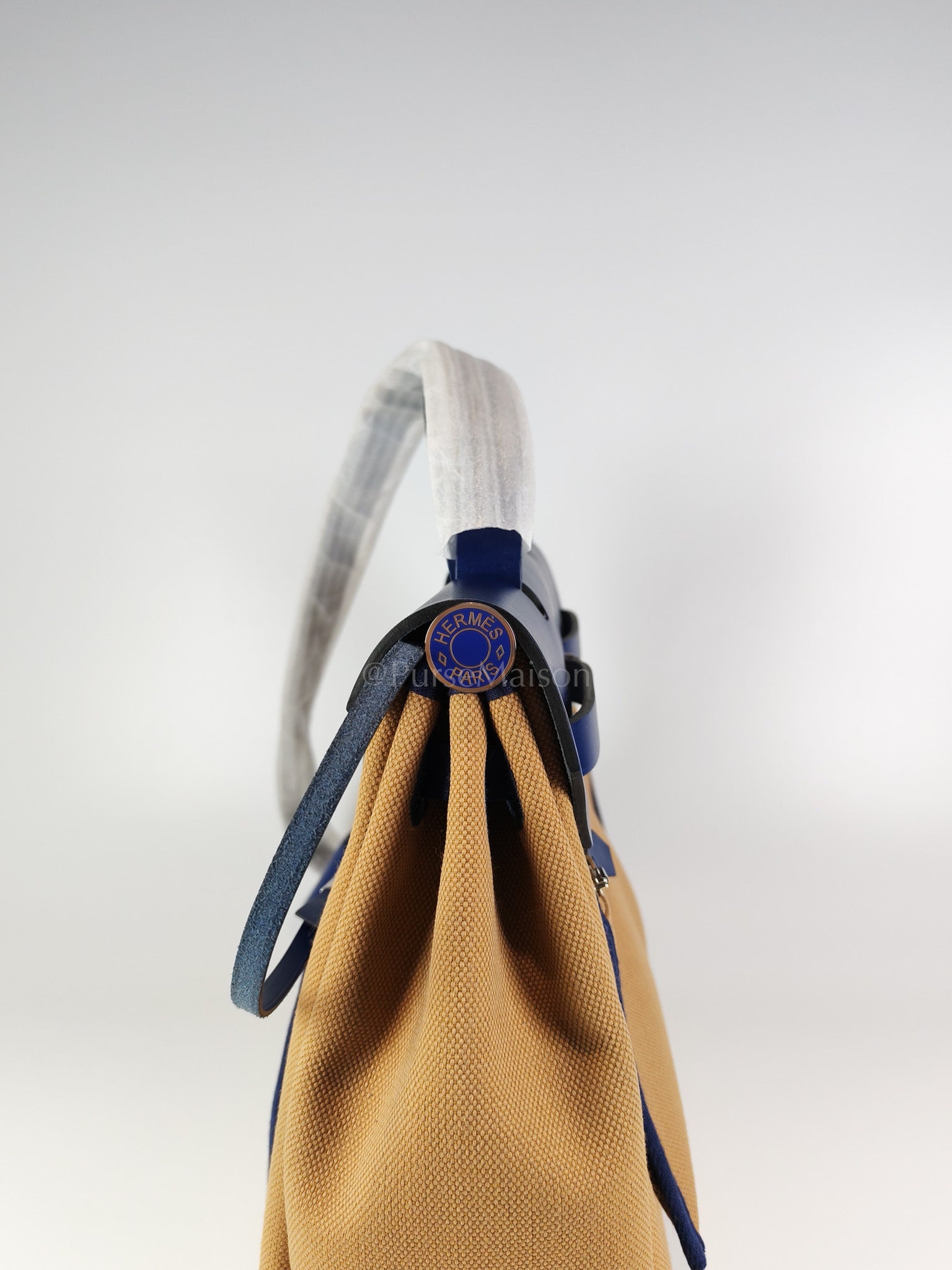 Herbag 31 Retourne in Blue Saphire Leather and Beige Canvas Stamp U (2022) | Purse Maison Luxury Bags Shop