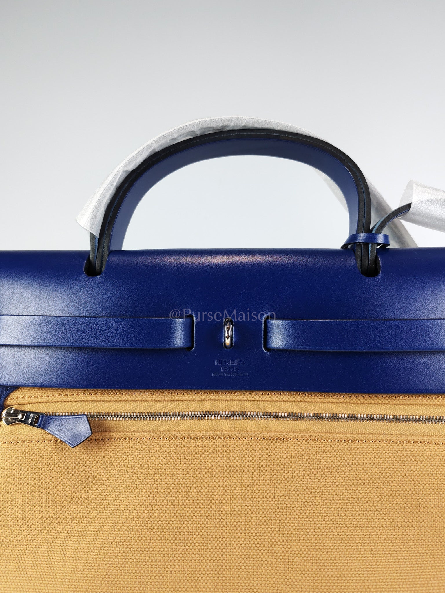 Herbag 31 Retourne in Blue Saphire Leather and Beige Canvas Stamp U (2022) | Purse Maison Luxury Bags Shop