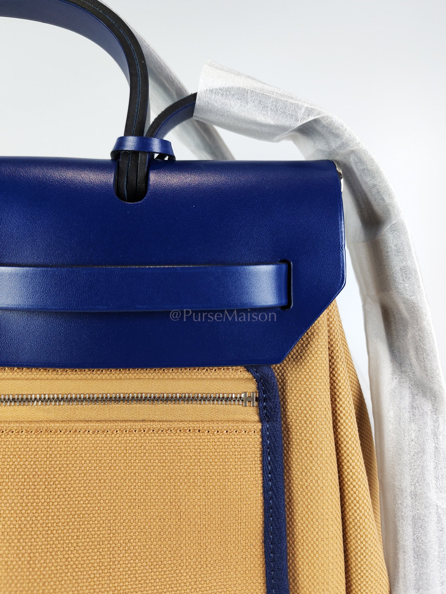 Herbag 31 Retourne in Blue Saphire Leather and Beige Canvas Stamp U (2022) | Purse Maison Luxury Bags Shop