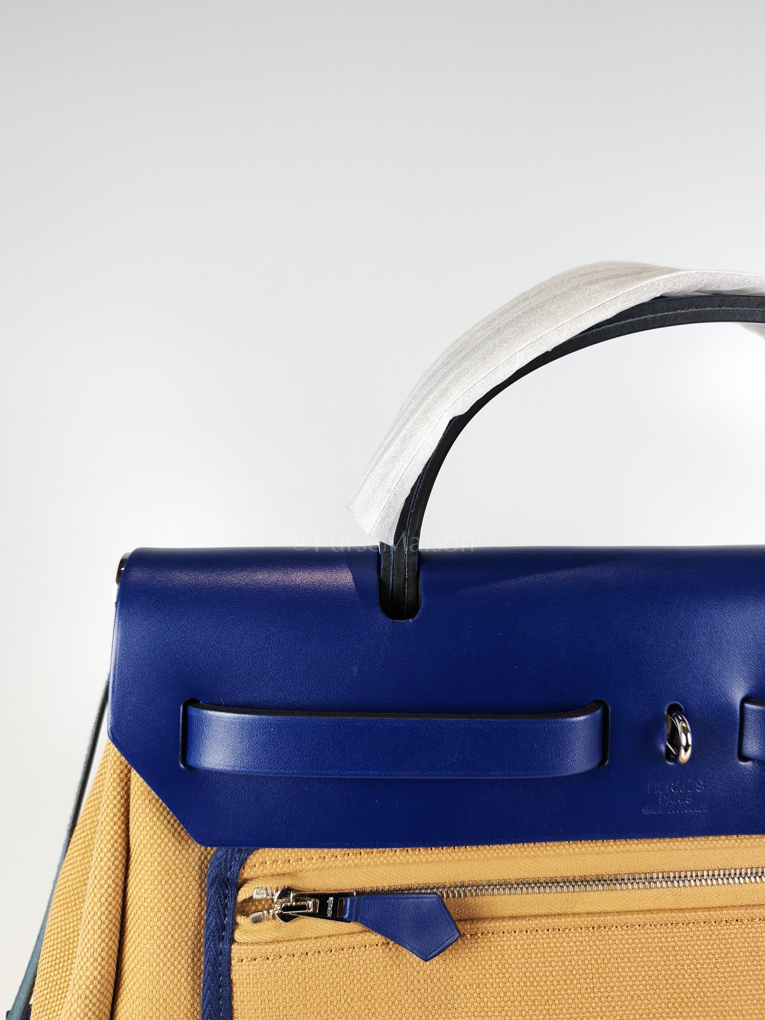 Herbag 31 Retourne in Blue Saphire Leather and Beige Canvas Stamp U (2022) | Purse Maison Luxury Bags Shop