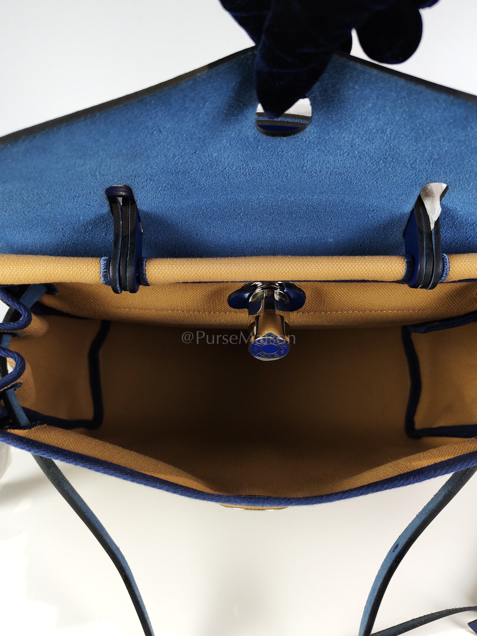 Herbag 31 Retourne in Blue Saphire Leather and Beige Canvas Stamp U (2022) | Purse Maison Luxury Bags Shop
