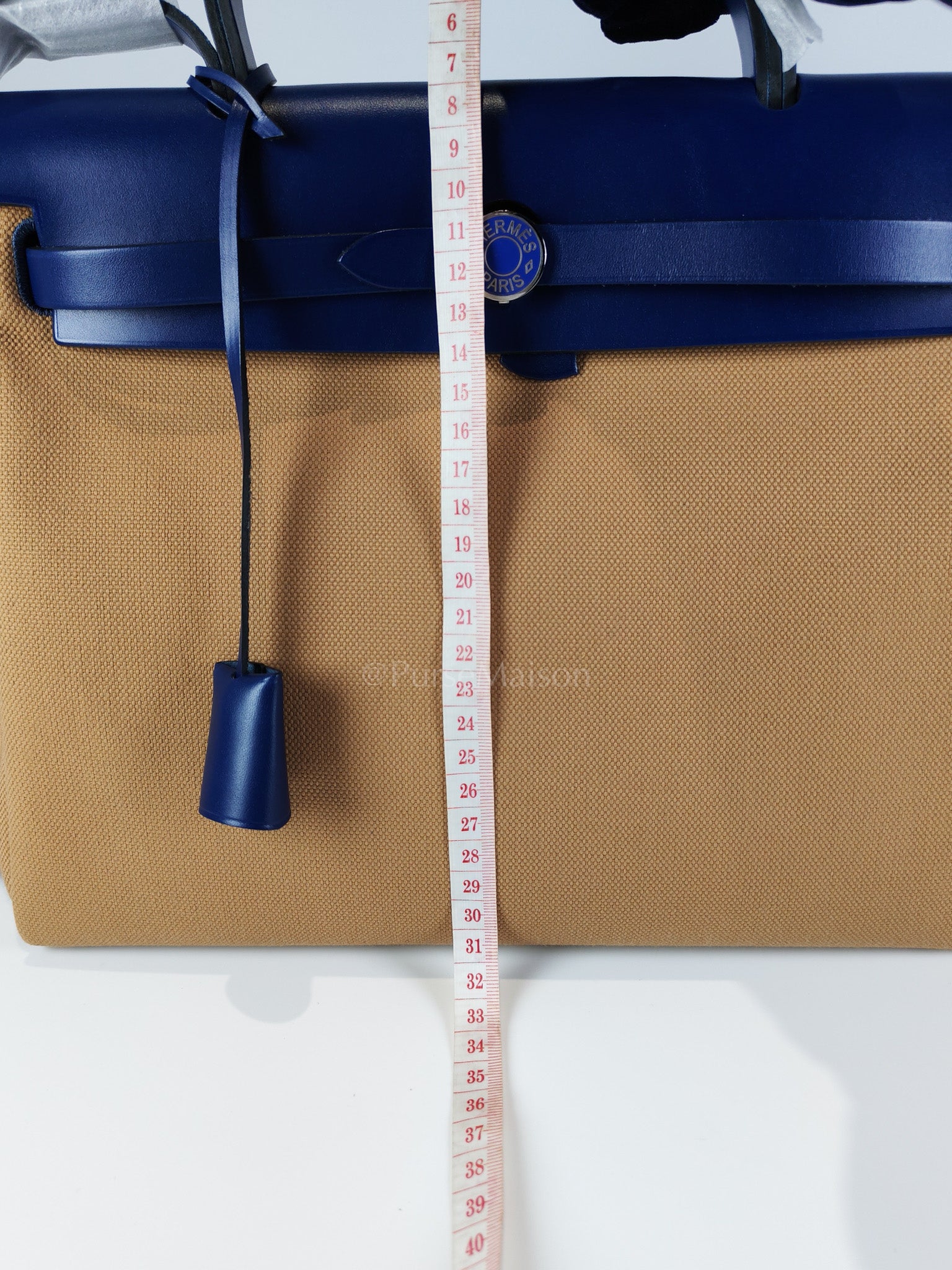 Herbag 31 Retourne in Blue Saphire Leather and Beige Canvas Stamp U (2022) | Purse Maison Luxury Bags Shop