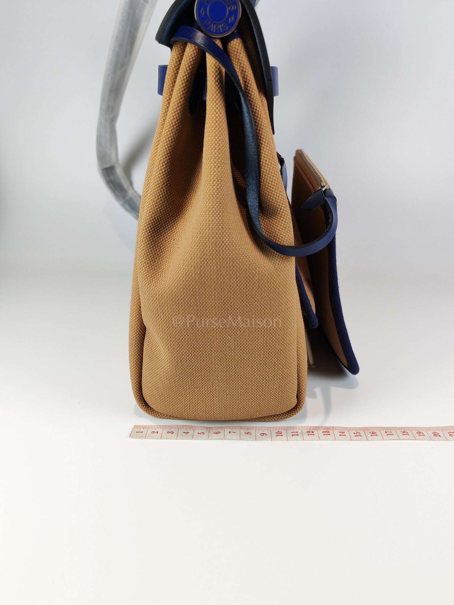 Herbag 31 Retourne in Blue Saphire Leather and Beige Canvas Stamp U (2022) | Purse Maison Luxury Bags Shop