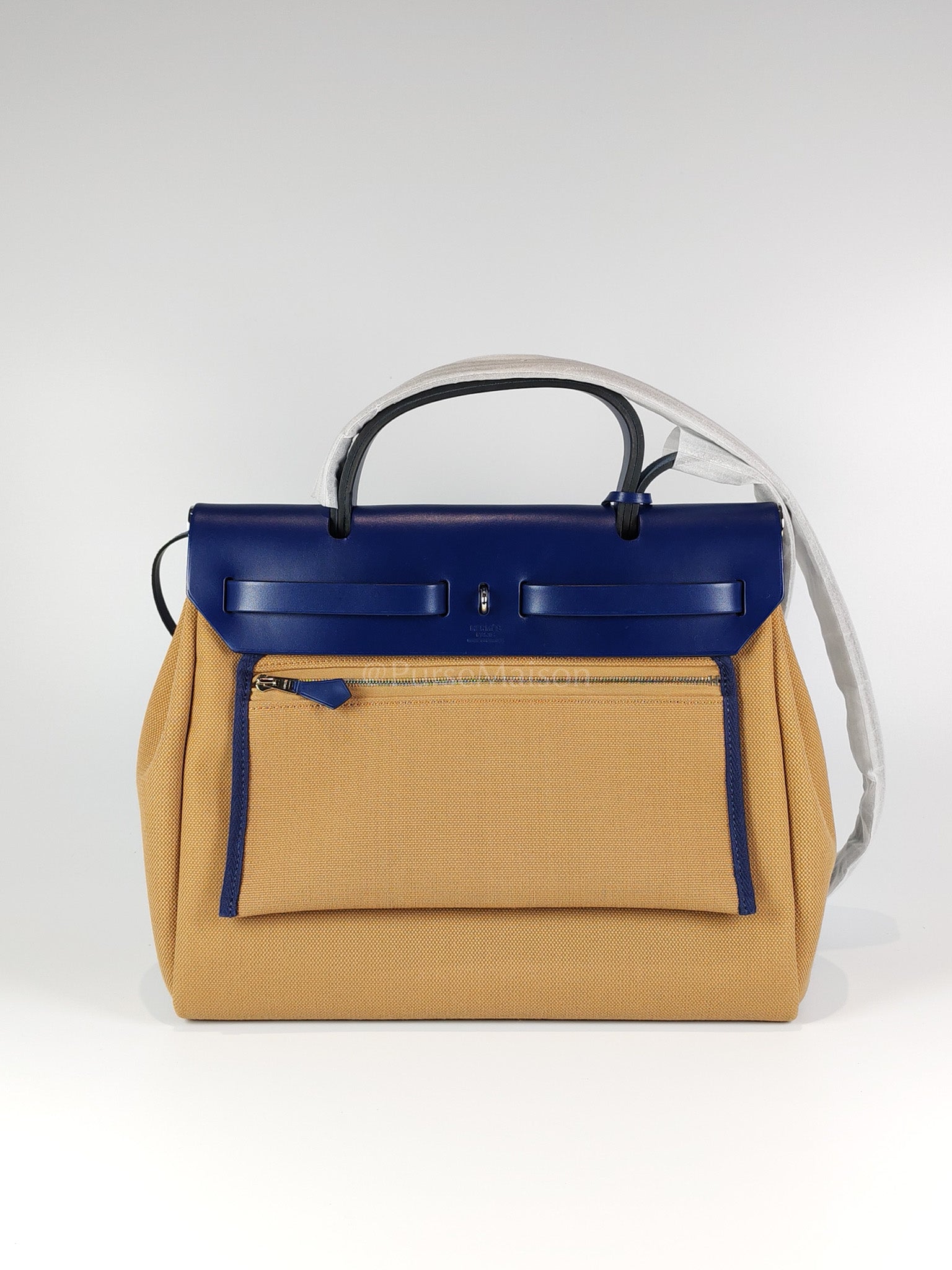 Herbag 31 Retourne in Blue Saphire Leather and Beige Canvas Stamp U (2022) | Purse Maison Luxury Bags Shop