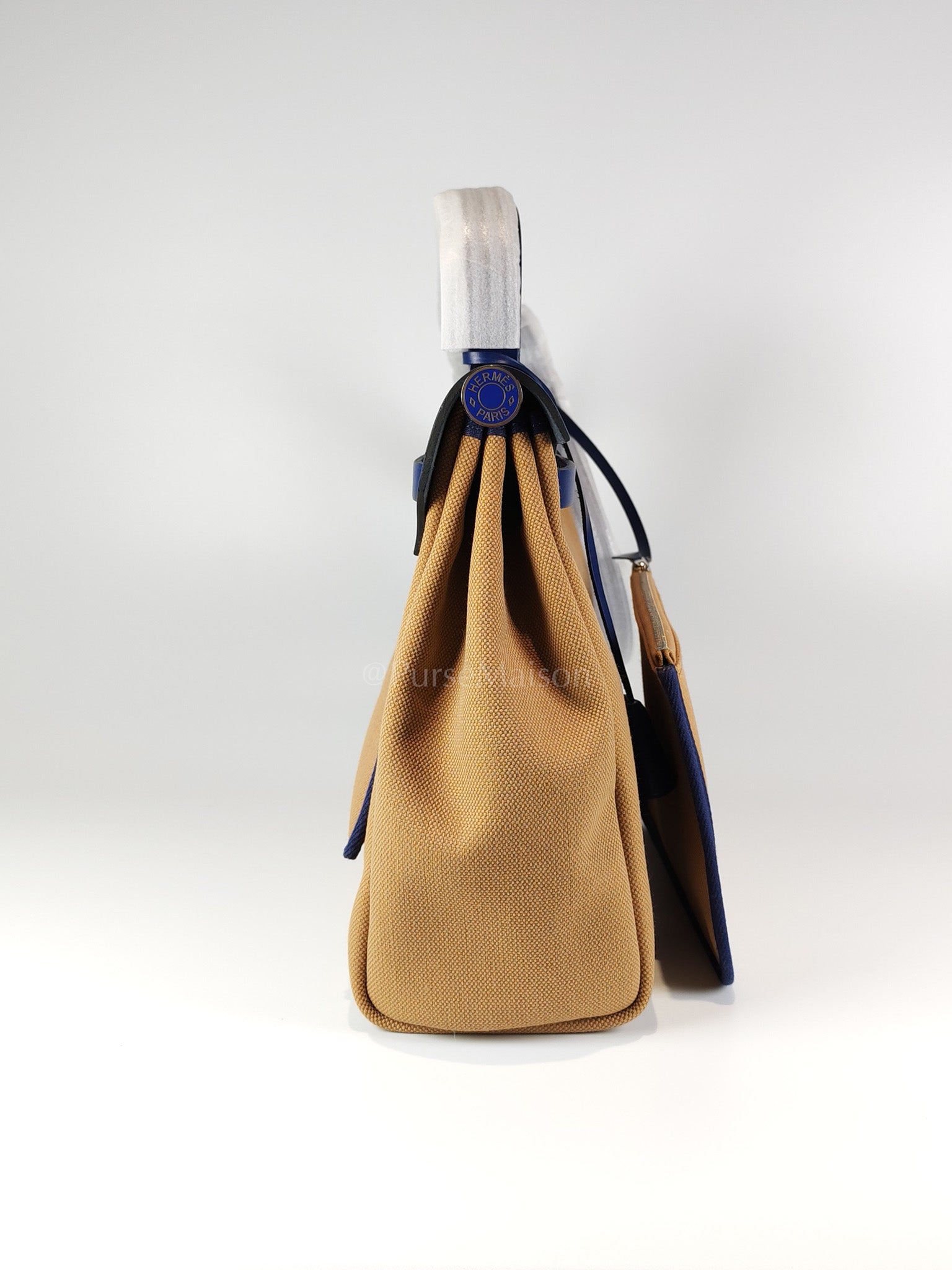 Herbag 31 Retourne in Blue Saphire Leather and Beige Canvas Stamp U (2022) | Purse Maison Luxury Bags Shop