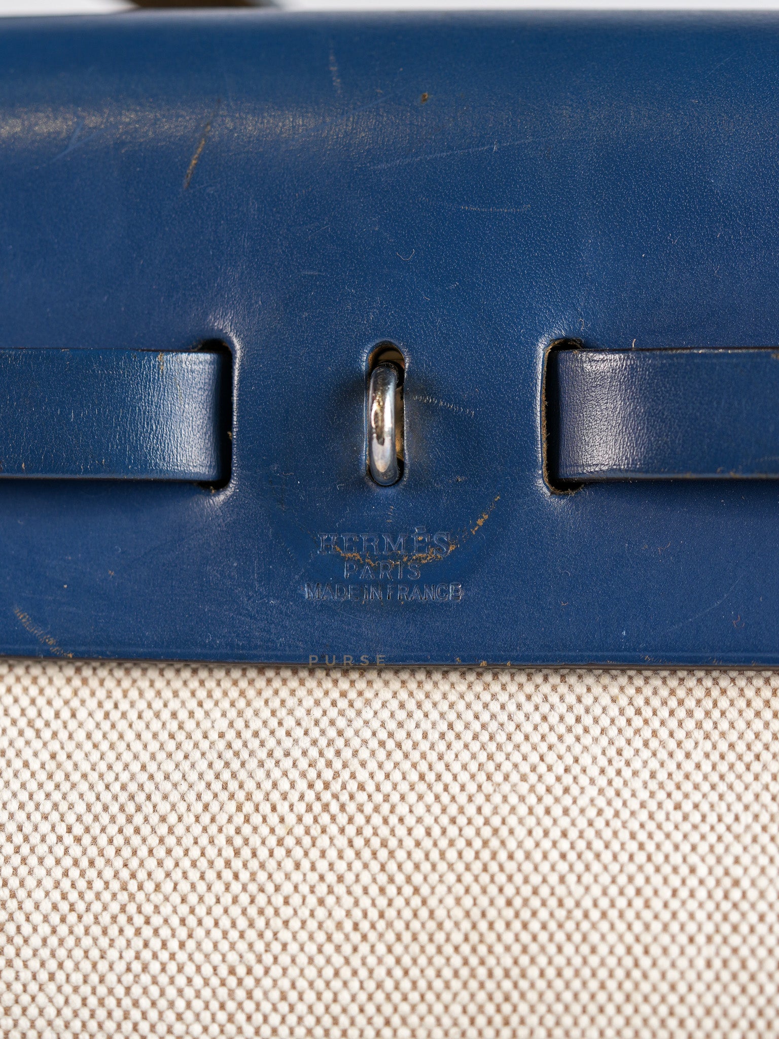 Herbag 31 Vintage Beige and Navy Blue in Palladium Hardware Stamp Square F (2002) | Purse Maison Luxury Bags Shop
