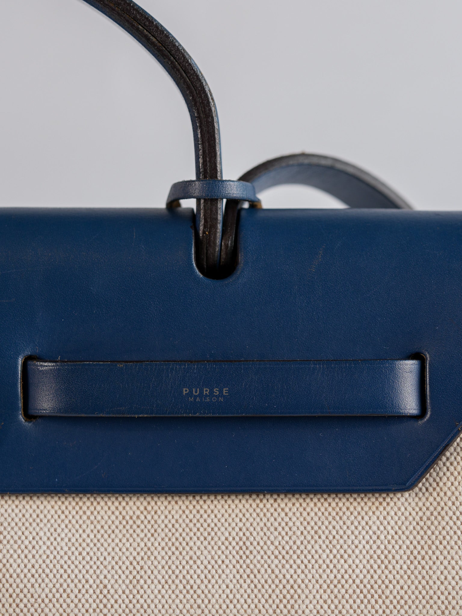 Herbag 31 Vintage Beige and Navy Blue in Palladium Hardware Stamp Square F (2002) | Purse Maison Luxury Bags Shop