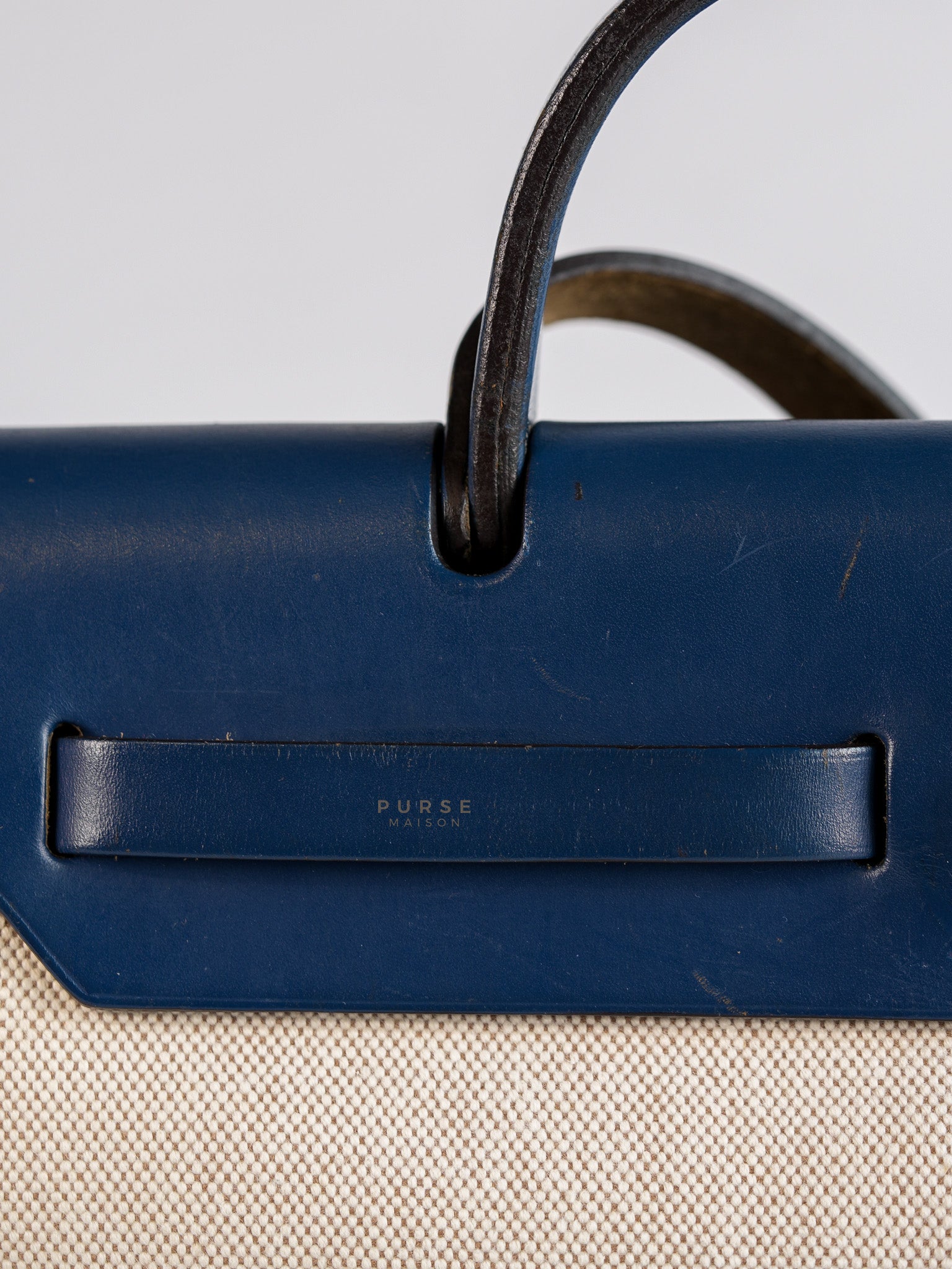 Herbag 31 Vintage Beige and Navy Blue in Palladium Hardware Stamp Square F (2002) | Purse Maison Luxury Bags Shop