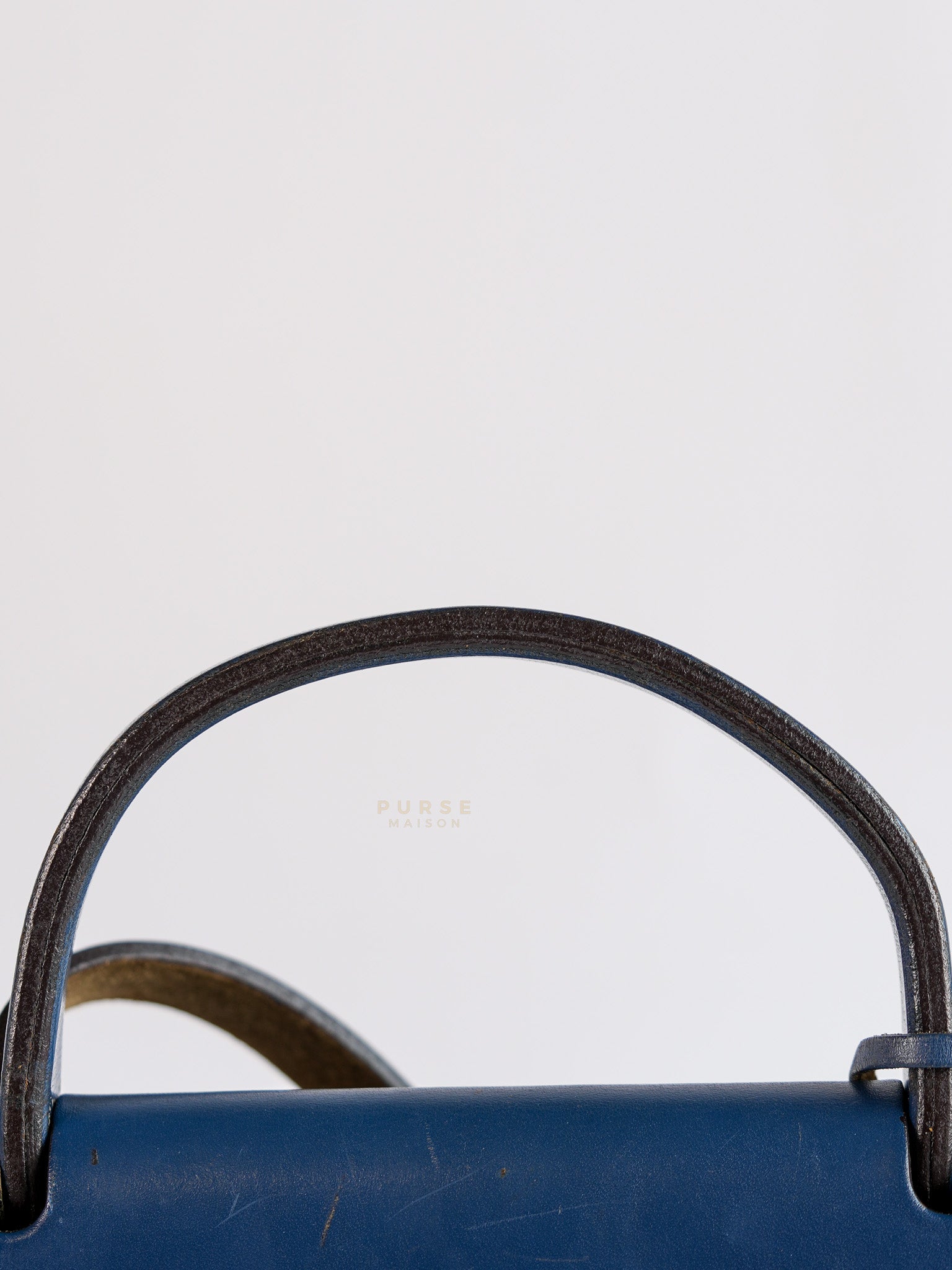 Herbag 31 Vintage Beige and Navy Blue in Palladium Hardware Stamp Square F (2002) | Purse Maison Luxury Bags Shop