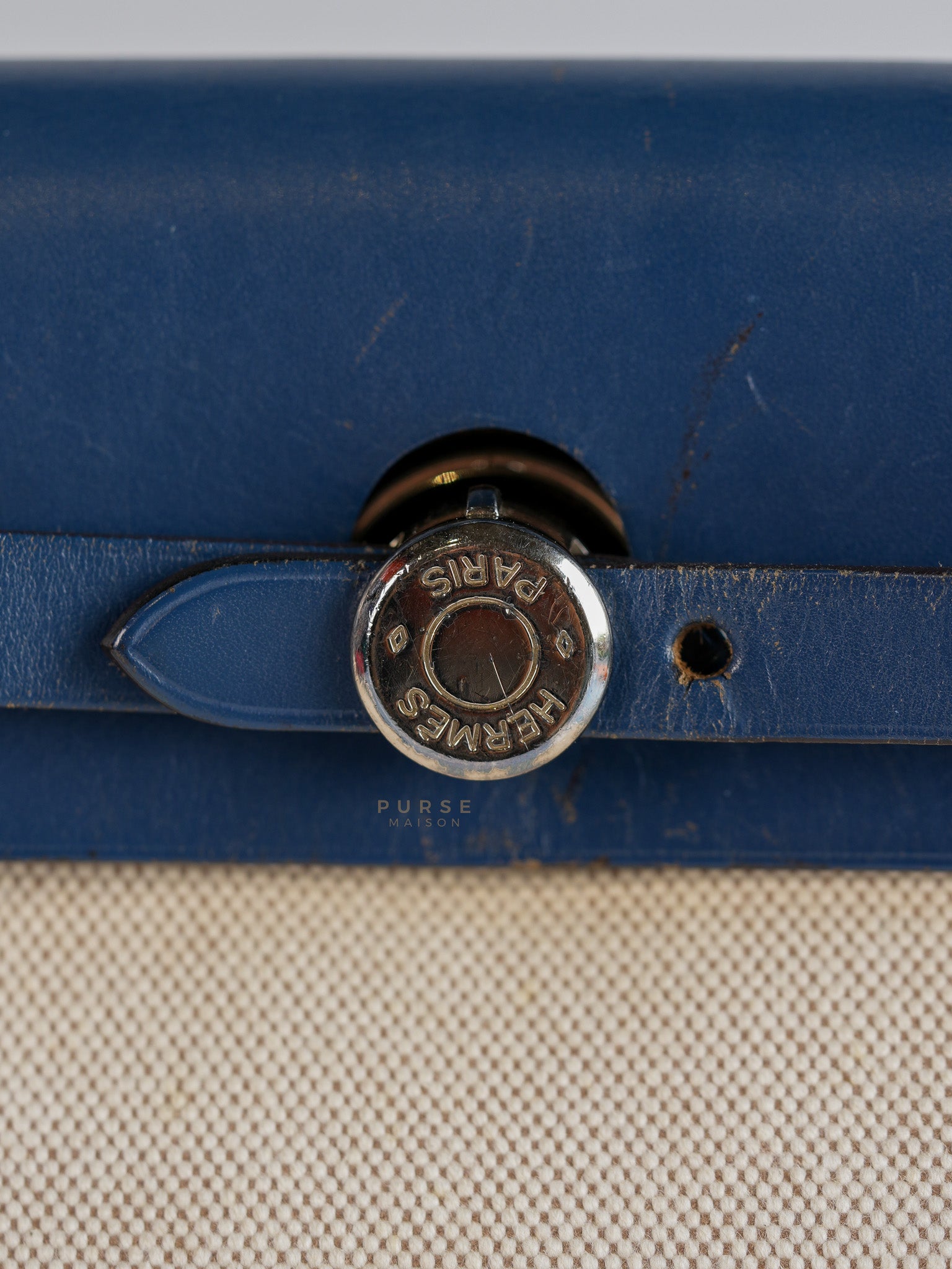 Herbag 31 Vintage Beige and Navy Blue in Palladium Hardware Stamp Square F (2002) | Purse Maison Luxury Bags Shop