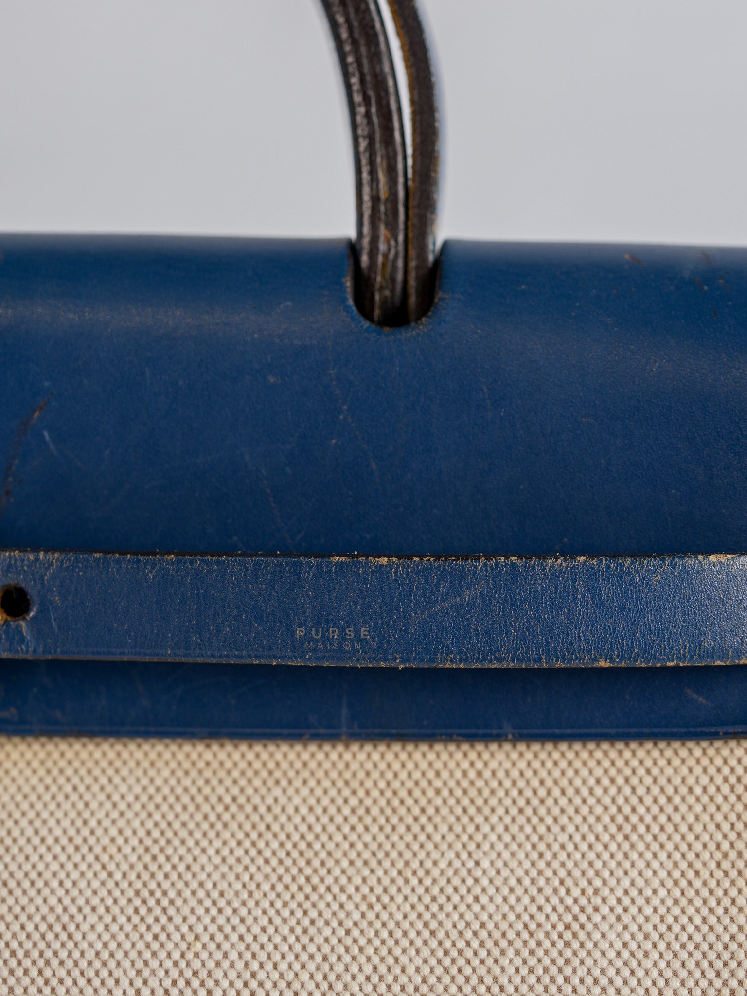 Herbag 31 Vintage Beige and Navy Blue in Palladium Hardware Stamp Square F (2002) | Purse Maison Luxury Bags Shop