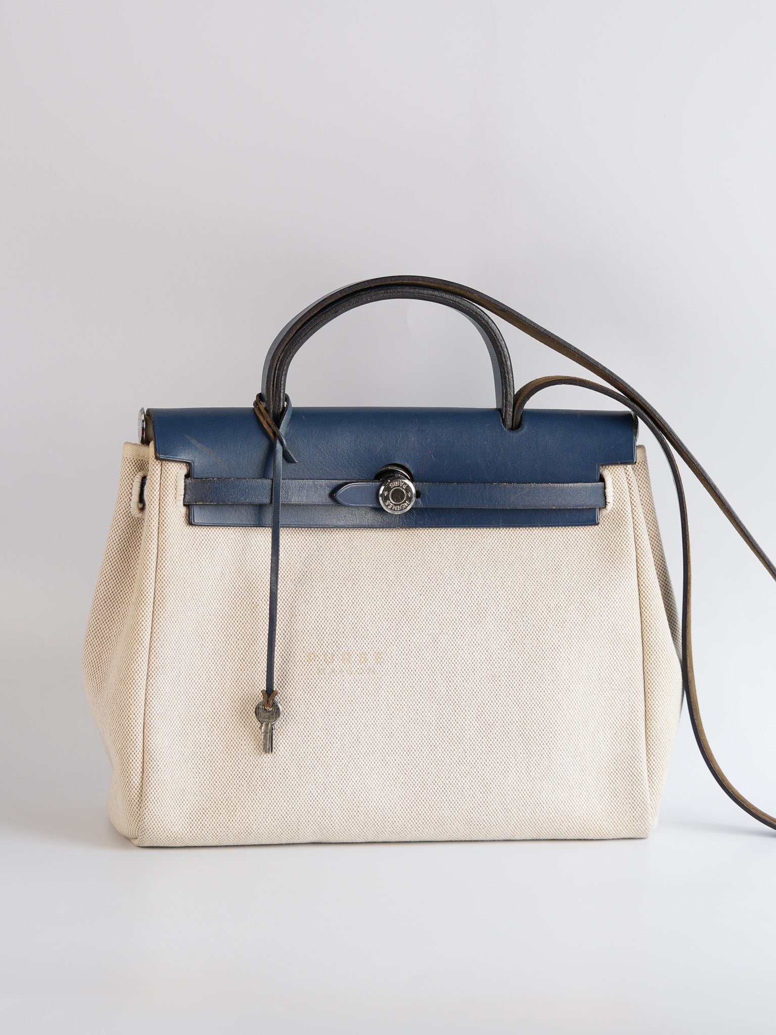 Herbag 31 Vintage Beige and Navy Blue in Palladium Hardware Stamp Square F (2002) | Purse Maison Luxury Bags Shop