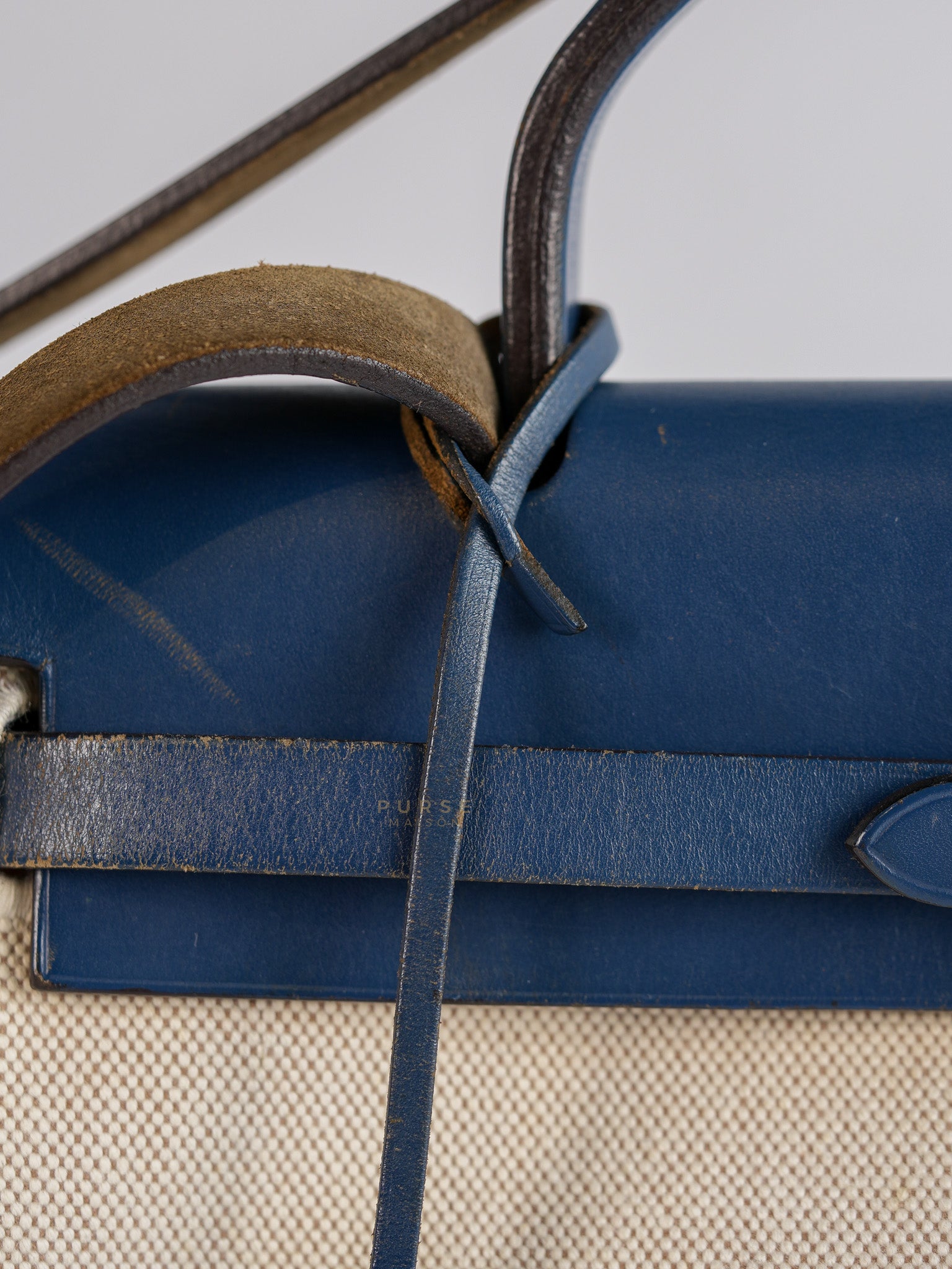 Herbag 31 Vintage Beige and Navy Blue in Palladium Hardware Stamp Square F (2002) | Purse Maison Luxury Bags Shop