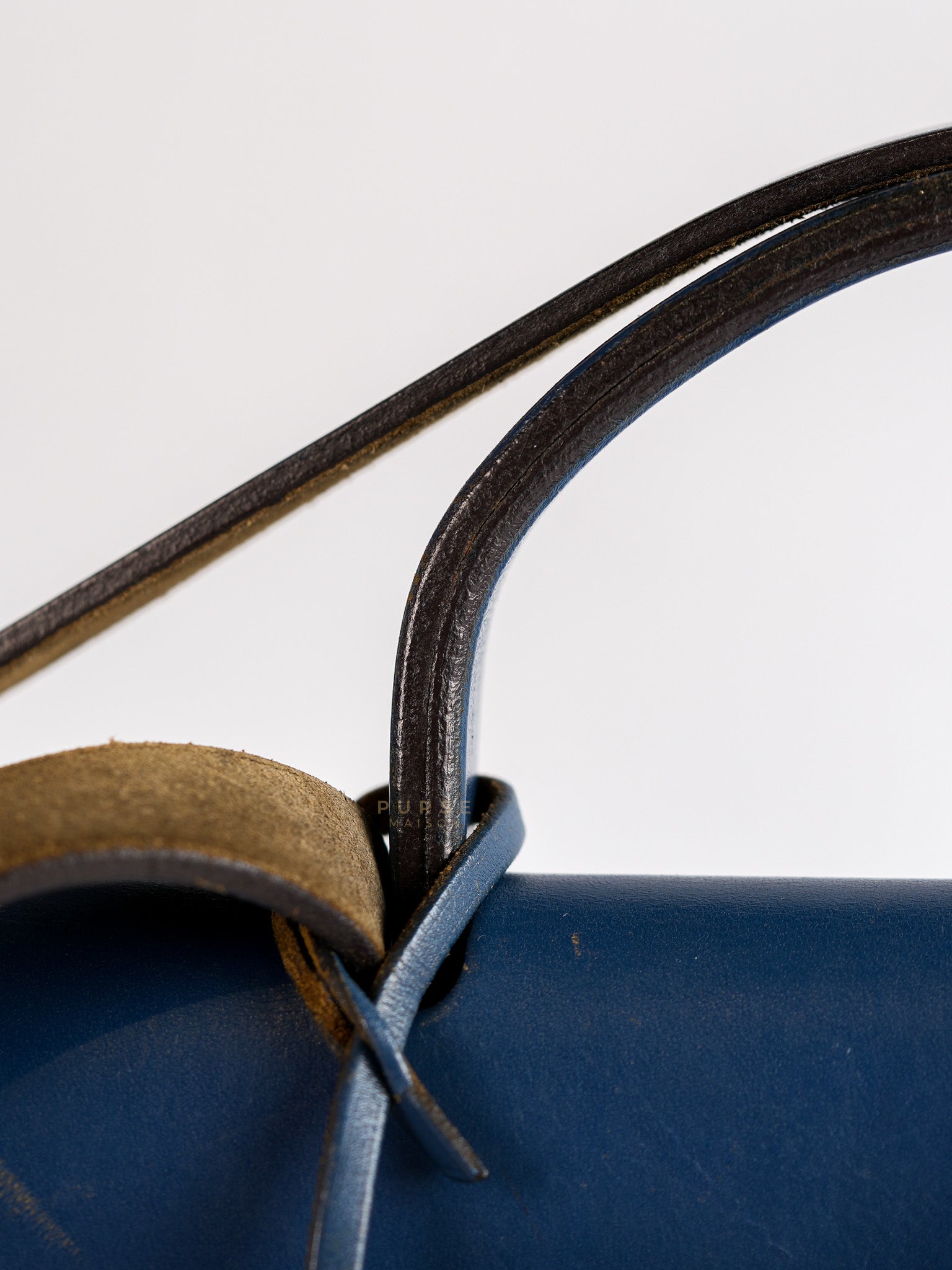 Herbag 31 Vintage Beige and Navy Blue in Palladium Hardware Stamp Square F (2002) | Purse Maison Luxury Bags Shop