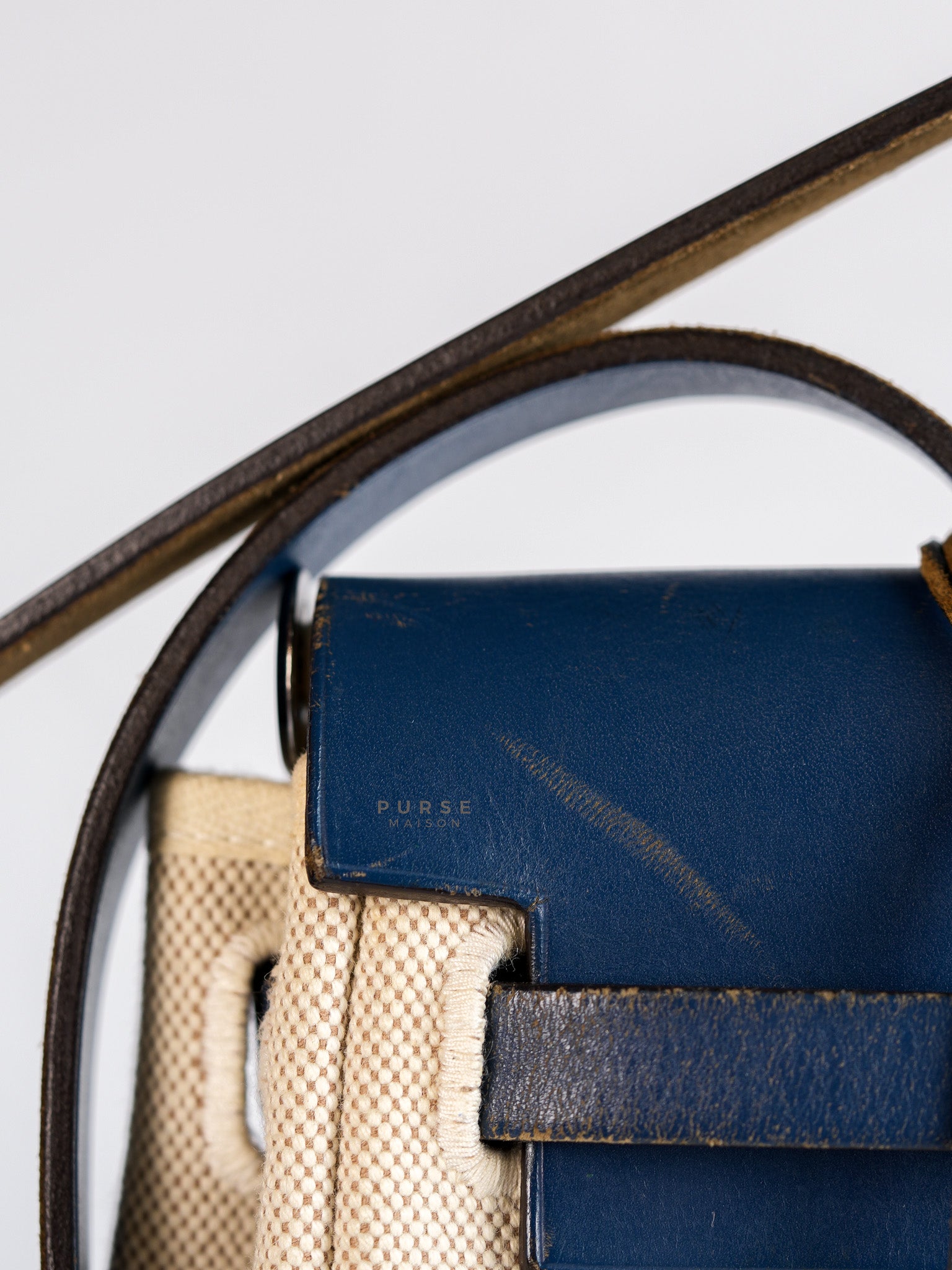 Herbag 31 Vintage Beige and Navy Blue in Palladium Hardware Stamp Square F (2002) | Purse Maison Luxury Bags Shop