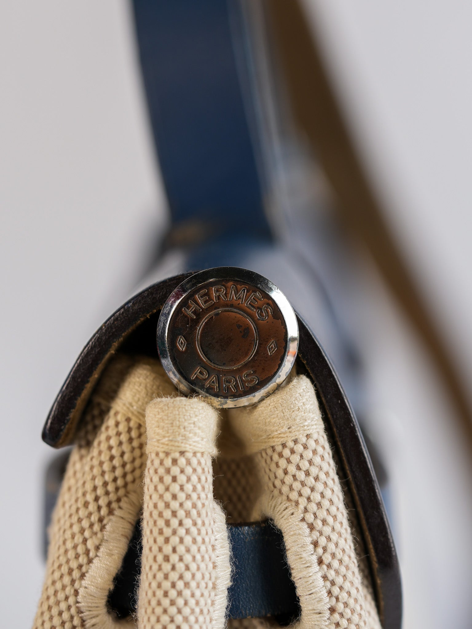 Herbag 31 Vintage Beige and Navy Blue in Palladium Hardware Stamp Square F (2002) | Purse Maison Luxury Bags Shop