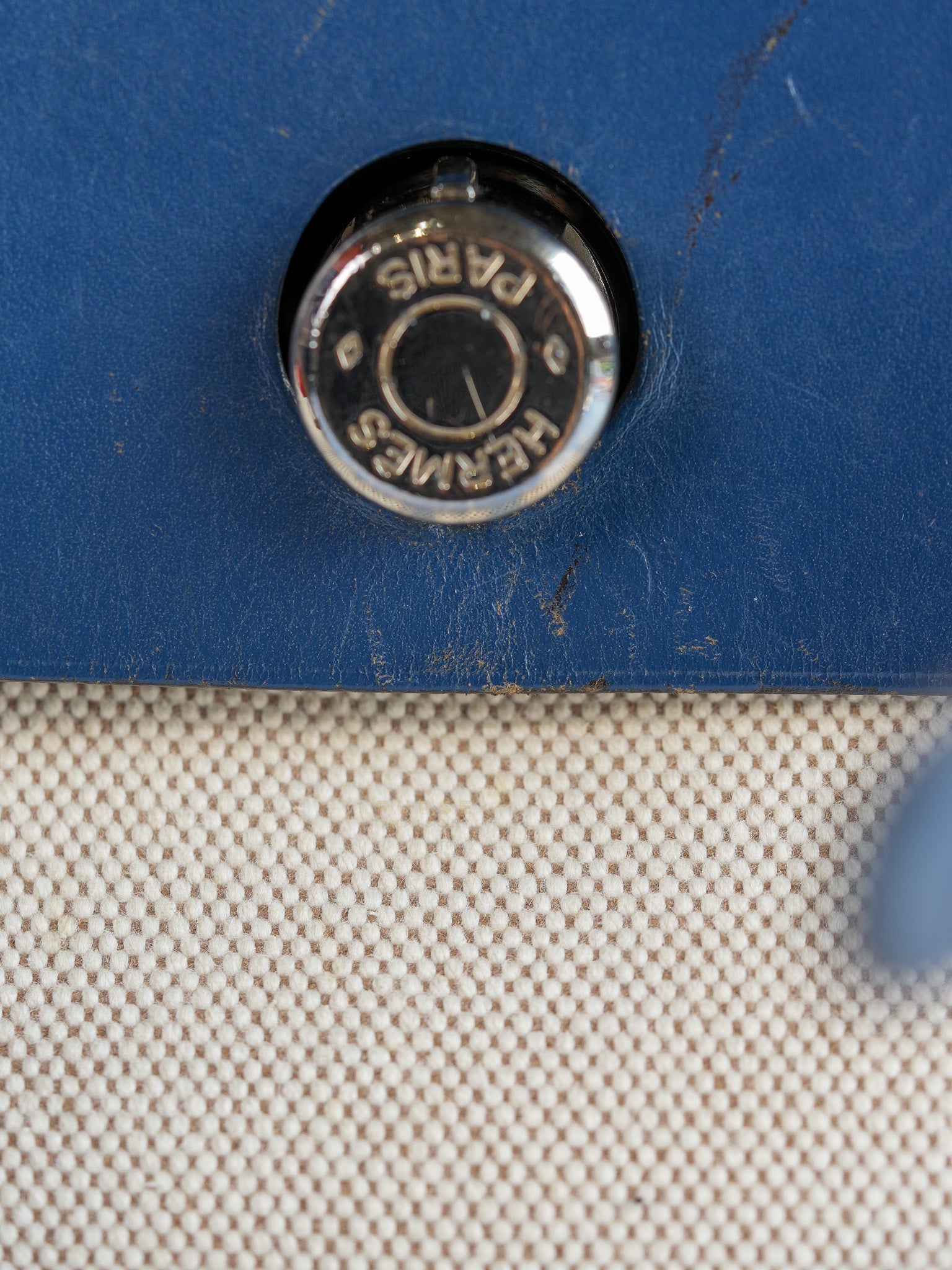 Herbag 31 Vintage Beige and Navy Blue in Palladium Hardware Stamp Square F (2002) | Purse Maison Luxury Bags Shop