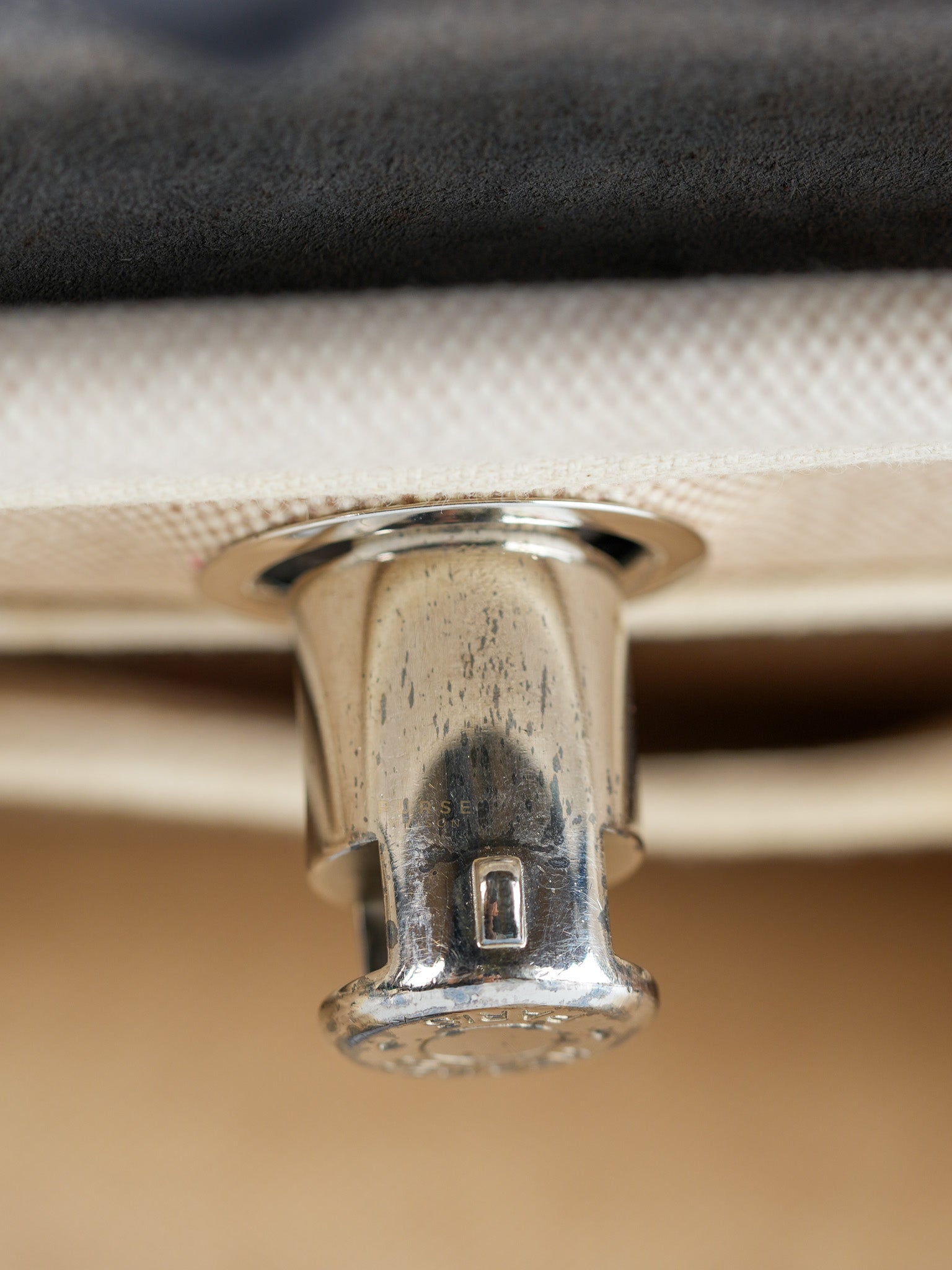 Herbag 31 Vintage Beige and Navy Blue in Palladium Hardware Stamp Square F (2002) | Purse Maison Luxury Bags Shop